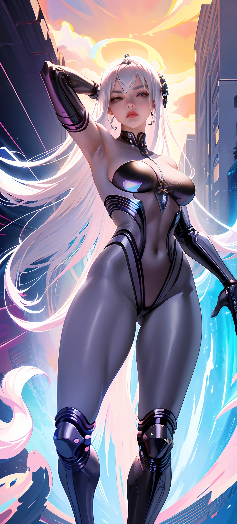 anime girl in silver outfit posing with her hands on her head, lois van baarle and rossdraws, [ 4 k digital art ]!!, cutesexyrobutts, smooth digital concept art, biomechanical oppai, detailed digital anime art, :: rossdraws, commission for high res, extremely detailed artgerm, oppai cyberpunk, thicc