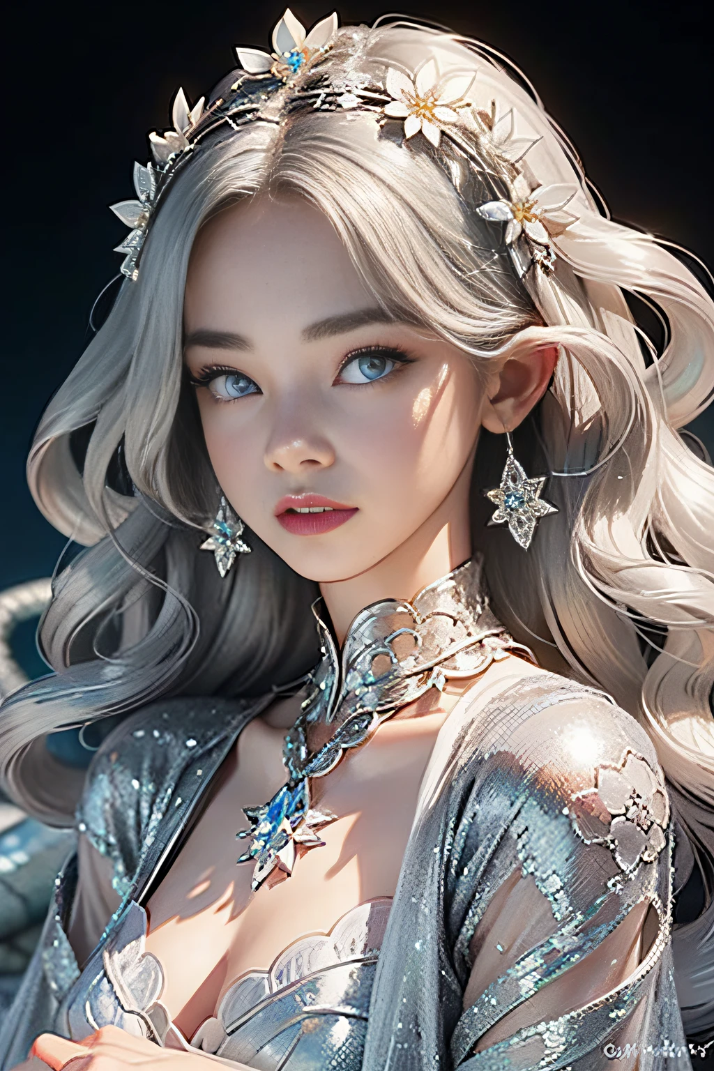 nsfw:1.5,masterpiece、最hightquality、hightquality、high-detail、hightqualityのテクスチャ、hightqualityの影、high-detail、beautifuldetails、Highly detailed CG、detailed texture、顔のrealisiticな表現、realisitic、colourfull、delicated, Cinematic Lights, side lights, Lens Flare, Ray traching, Sharp Focus, (1girl, __focus__:1.3), (intricate detailes, make - up, PureErosFace_V1:0.5), (Detailed and beautiful delicate face, Detailed and beautiful delicate eyes, Perfect face proportions、dense skin、dense skin、Optimal ratio of 4 fingers to 1 thumb、arms below breasts、medium large breasts、wide waist、smooth epigastric、Skinny、Braids:1.3)、((silber hair:1.6、Hair to the shoulders:1.4))、(Light blue eyes)、__location__
