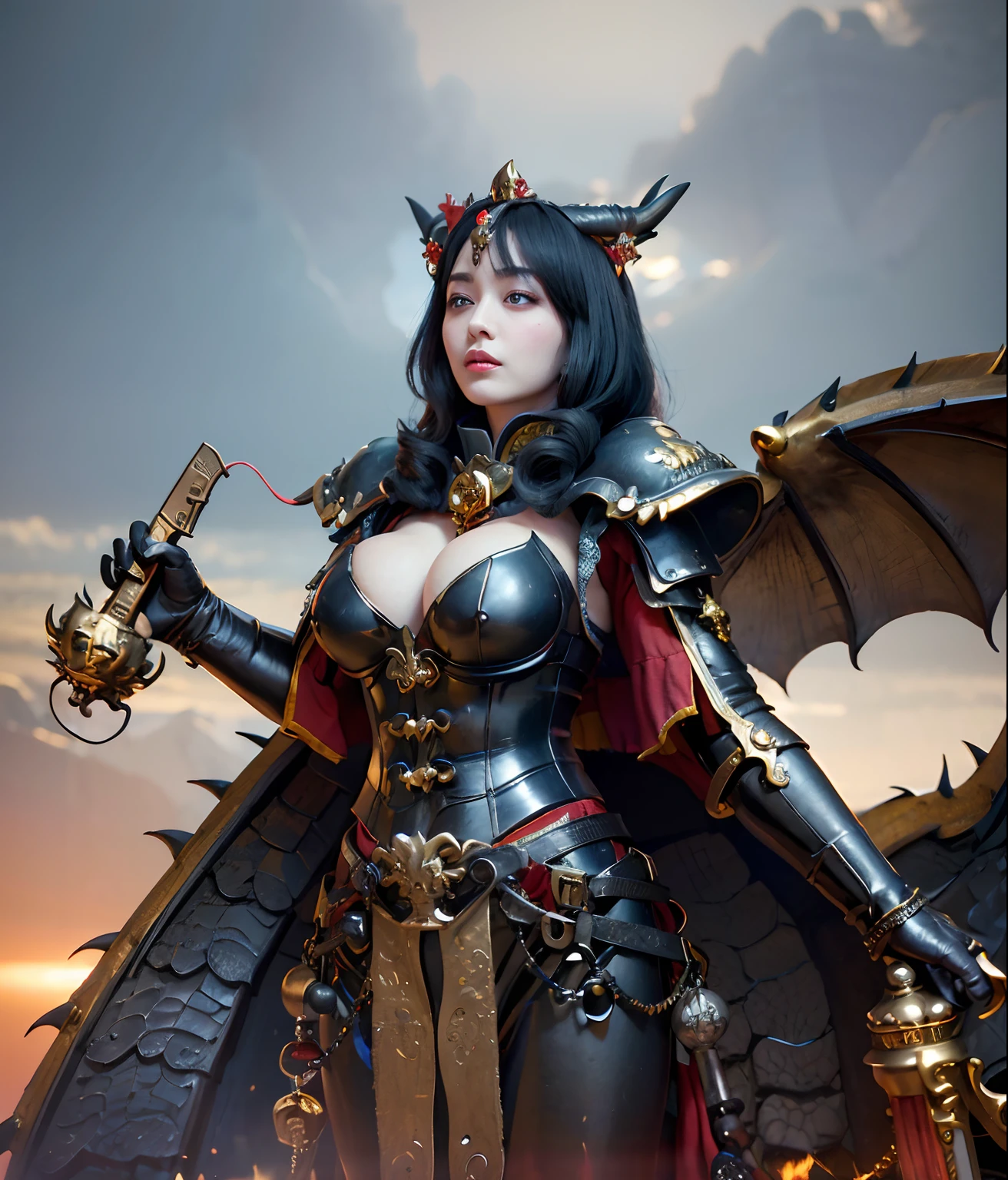 Professional , masterpiece、top-quality、photos realistic , depth of fields (Gemstone Black Metal Body:1.9),(Enamel Black、(cleavage of the breast)、(Chinese Dragon)、Dragon Gold Weapon(Dragon Metal Body:1.4),Gorgeous gold weapons ,(( Dragon's dense and gorgeous sword)) , Beautiful knife ,warhammer 40k , adepta sororitas,Detail and gorgeous crown、((Brown hair))、(Legion in iron armor on background)、(Castle background)、The dragon、((Gangle's forest background))、Beautiful Caucasian beauty、(1a person)、dynamic ungle,(((Detailed and ornate Black Devil Crown)))、Smaller head、A smile、Castle background、Thin and beautiful female hands、cleavage of the breast、Soldier in iron armor on background、Mystical expression、Light Effects、Wind-effect、magic circles、With the legendary magic wand、(demonic wings)、Toostock、