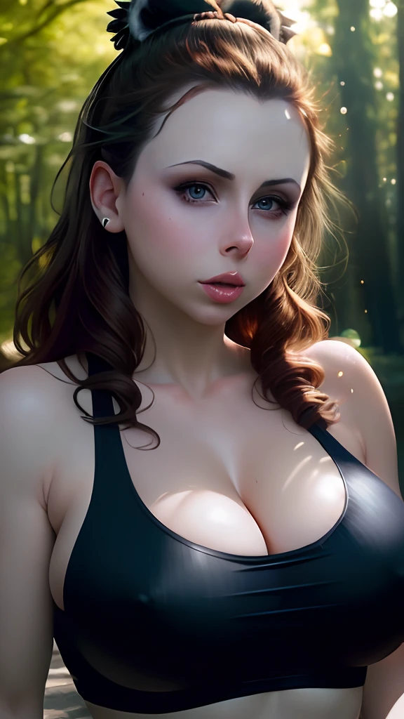 (((Gianna michaels))), cleavage, a beautiful woman, from_above, close-up, crop top, detailed face,  capezzolo ritto tette grandiyellow bodycon tank top, hair, park, sky, trees, pale skin, moonlight, stars, 1girl, statement sunglasses, big breasts ,petite, vivid colors, bokeh background, subject for emphasis,dramatic colors , hyperealistic, masterpiece, best quality, nsfw