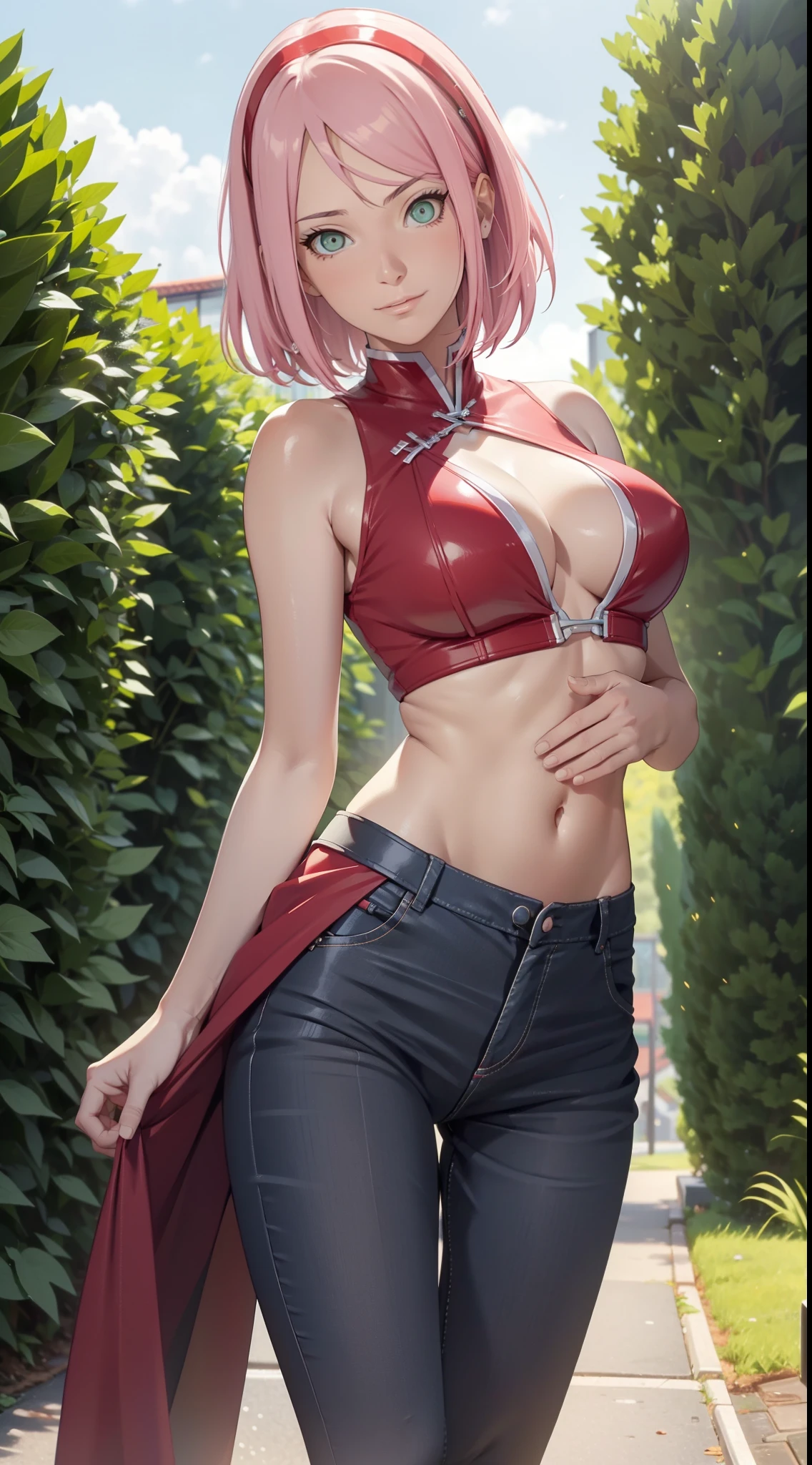 ，Kirschblütenwald, (Hohe Detailgenauigkeit:1 1), Raues Gesicht, natural skin, High quality, NSFW, Naruto Sakura，Ein rosahaariger，kurzes, detailliertes Haar，green eyes，（big boobs:1.2），（Schulterfreie Kleidung:1.5），Auslaufen aus der Schulter，（smil:1.2），Rot im Gesicht sein，（Spaltung:1.4），sexy Figur，Perfect body，gorgeous eyes, (detailliertes Gesicht und Augen), (Das Gesicht: 1 2), Noises,extra, Echtes Foto, ..................PSD, Lampenfilm-Fotografie, Scharfer Fokus, Kontrastreiche Beleuchtung, Empfindliche Haut, High Resolution 8K, Wahnsinnige Details, realistisch, Professionelles Fotoshooting, 8K UHD, Spiegelreflexkamera, Sanfte Beleuchtung, High quality, filmgrain, Fujifilm XT3，Zauberei，Partikel-FX,red tanktop,skinny jeans,show breasts,show nipples,nudity