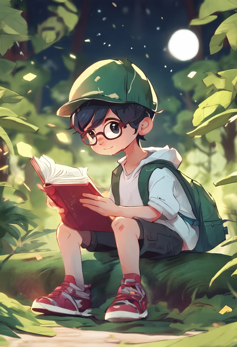 a book background green white colourful look of boy, in the forest, , a cute one who stole a magic book, 2 characters, anime, cartoon, light effect, cute, quirky cute, lighting is smooth, in 3d animation, 6 similar pictures