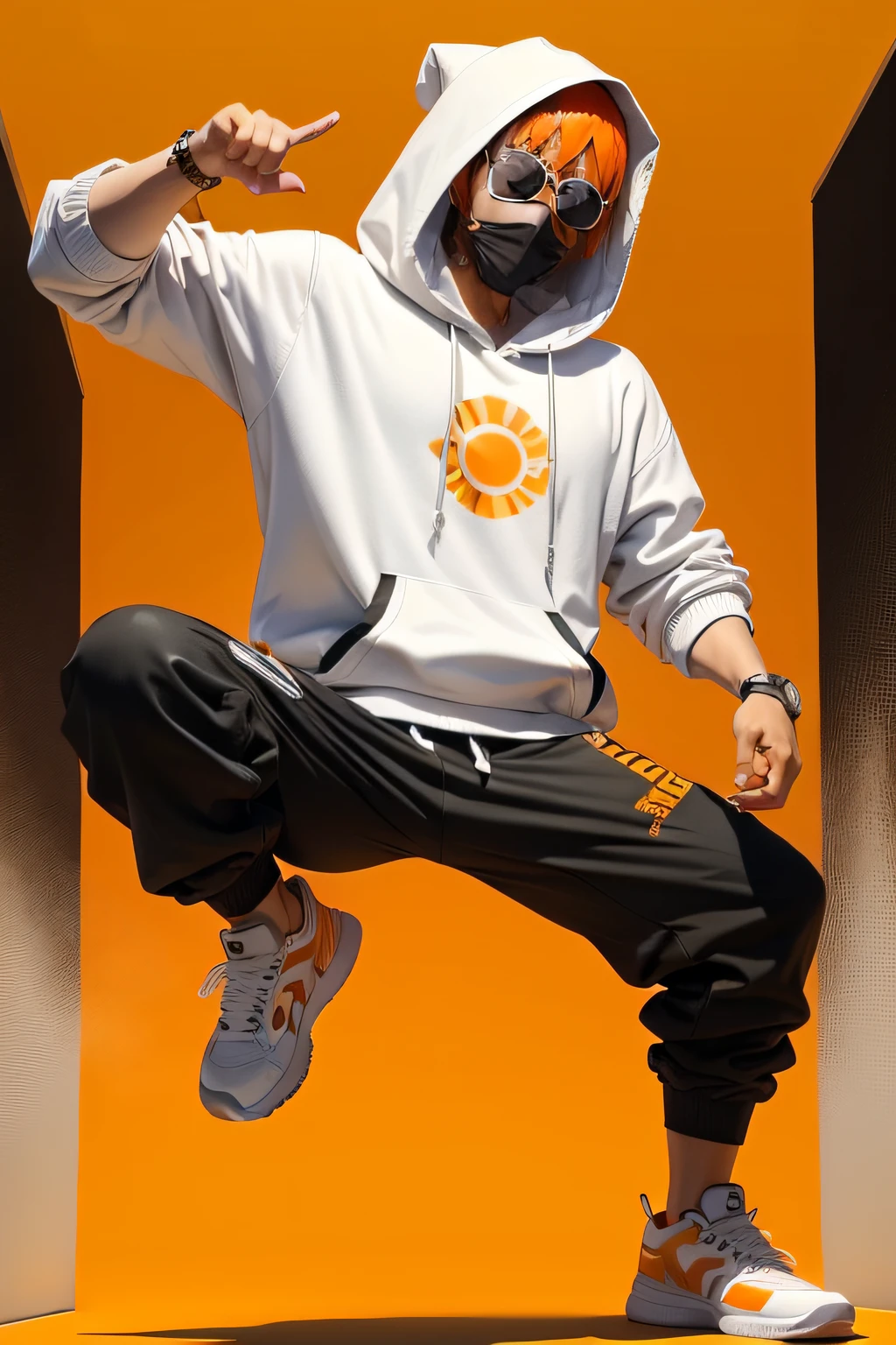 Hip hop, cool boy, street wear, cool, comic style, mask, sun glasses,white and orange hoodie, full body, Asian boy, do bouncing pose of Hip hop, white background