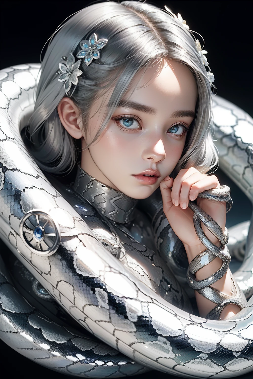 The hair is covered with beautiful and delicate floral craftsmanship, Crystal jewelry filigree，jewelry，Ultra-detailed details，Beautiful aristocratic girl，Gray hair is elegantly coiled，(((Silver giant snake)))