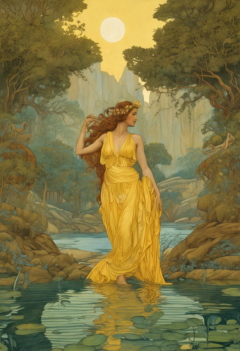 painting of a woman in a yellow dress beside a pond, Earth Goddess Mythology, Aphrodite Goddess of Love, beautiful representation, Goddess Venus, inspired by Carlos Schwabe, Goddess of Nature, goddess art, inspired by Nassos Daphnis, Direction : Diane Dillon, Goddess of Greek Mythology, Goddess of Wisdom, Director: Alexander Kucharsky, inspired by Ruth Sanderson