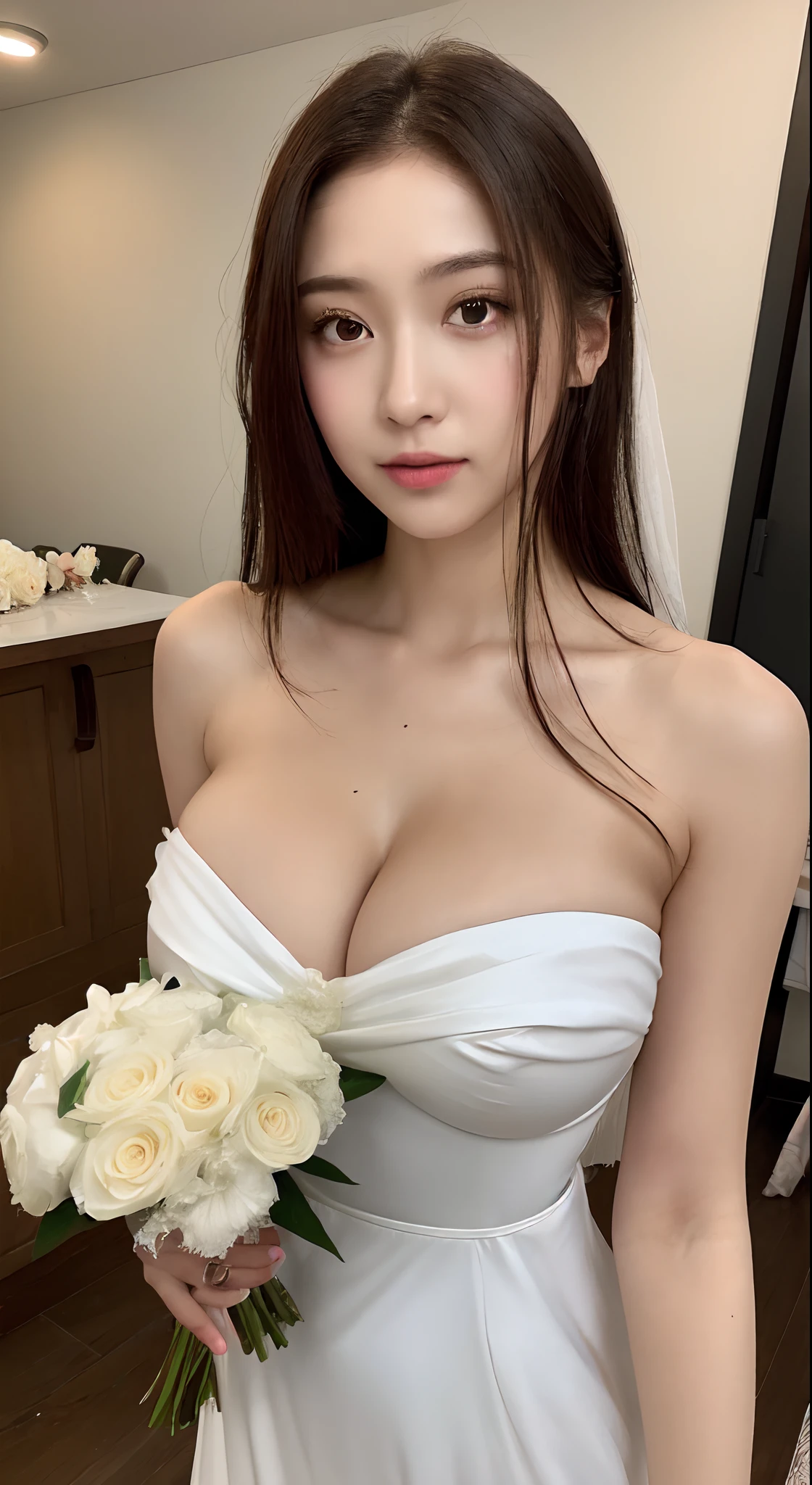 （8K， Highest high resolution：1.3）， 1 girl with a perfect body， Super fine face，eyes with brightness，random hair style， Shoulders exposed，((Bandeau dress，wedding gown，tight-fitting，huge tit))， Expose cleavage，exposing thighs