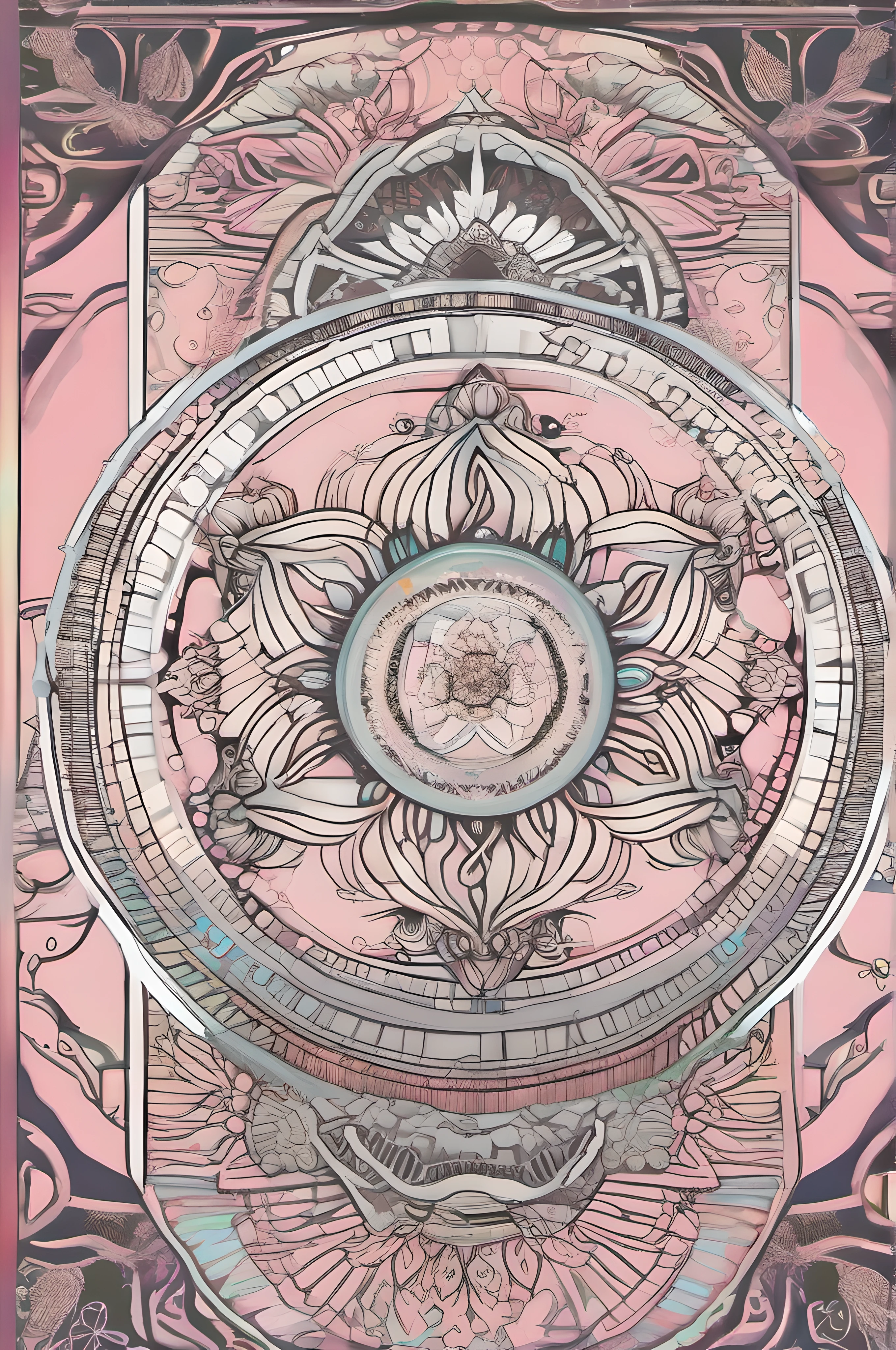 lineart, 2D art, bold, delicate line drawing, An esoteric symbol, tarotcard design, a half moon, curved lines, dots of various sizes, the sund with curved sunrays, nordic runes, glowing runes, bioluminescent lines that form a lotus mandala, cherry blossom petals, holographic foil