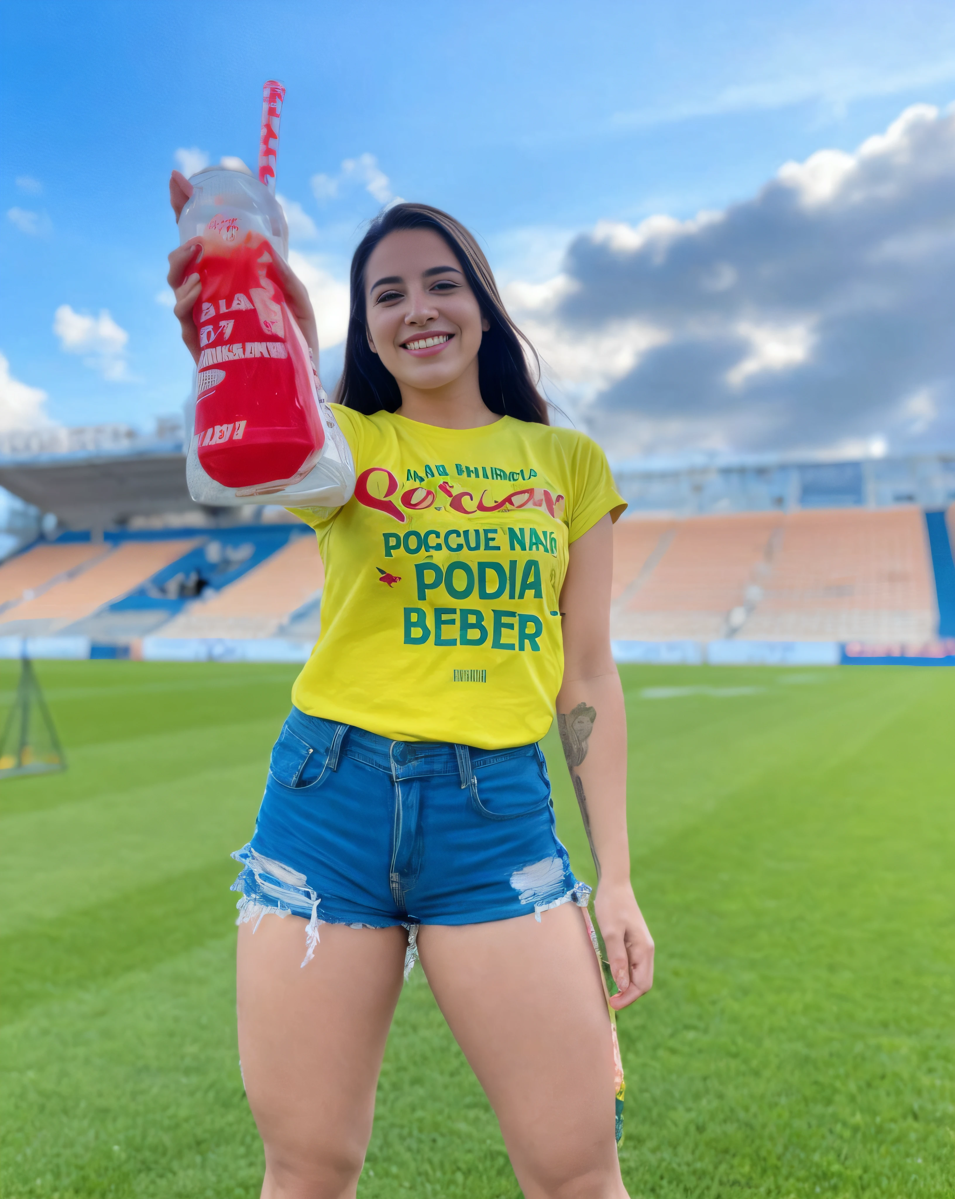 Woman holding a soda bottle and a straw in a stadium, Rainha Rocin, Mulher de 30 anos de Cuba, julia fuentes, Valentina Embaralhamento, Poarch bonito, andrea rocha, 🇺🇦, fernanda suarez, Foto realista, 1614572159, Alanis Guillen, Pepsi