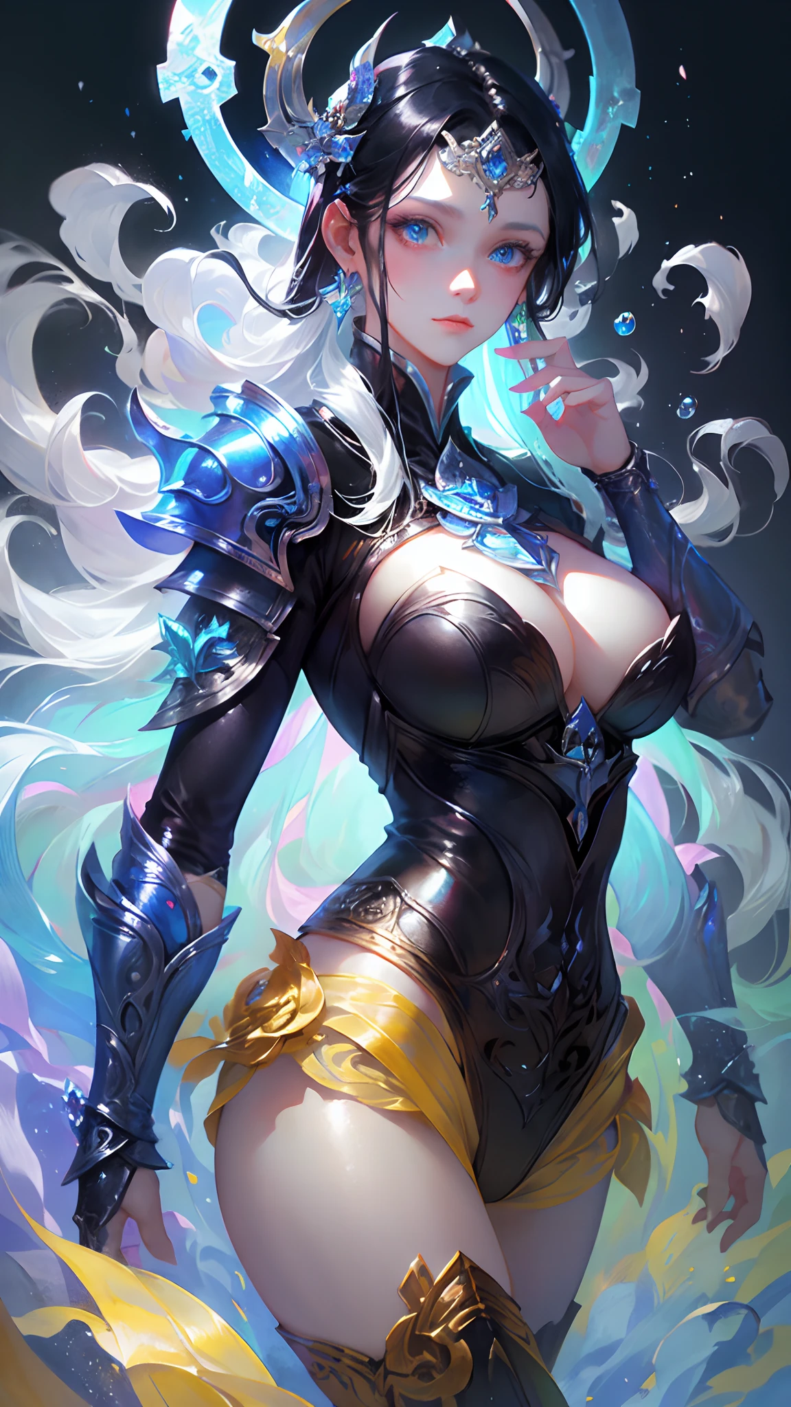 1girl, depth of field, official art, unity 8k wallpaper, ultra detailed, illustration, beautiful and aesthetic, masterpiece, best quality, knight, (big breasts), (milf, mature female), (black armor, armor, breastplate), beautiful face, (long hair, black hair,  very straight hair:1.4, hime cut:1.4), blue eyes, cowboy shot, glowing skin, back lighting, athletic figure, muscular female, curvy, wide hips, colorful, looking at viewer, Hyperrealistic, gradient background, dark background, outline, fantasy, from the front, watercolor, traditional media, (chromatic aberration, intricate details)