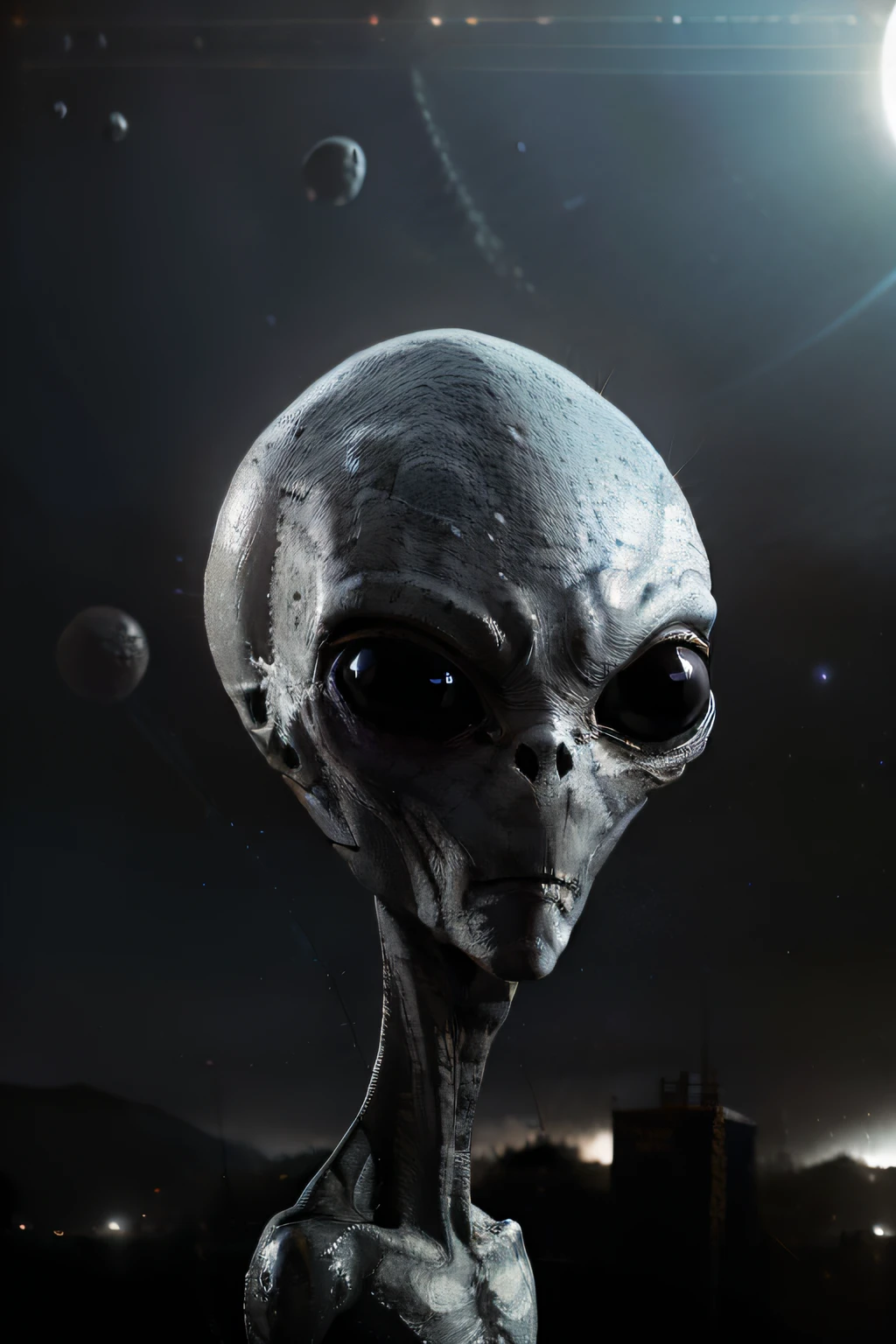 an alien beign, which has a big head, round big eyes and a skinny body, he is grey and the background is a spaceship in the outerspace