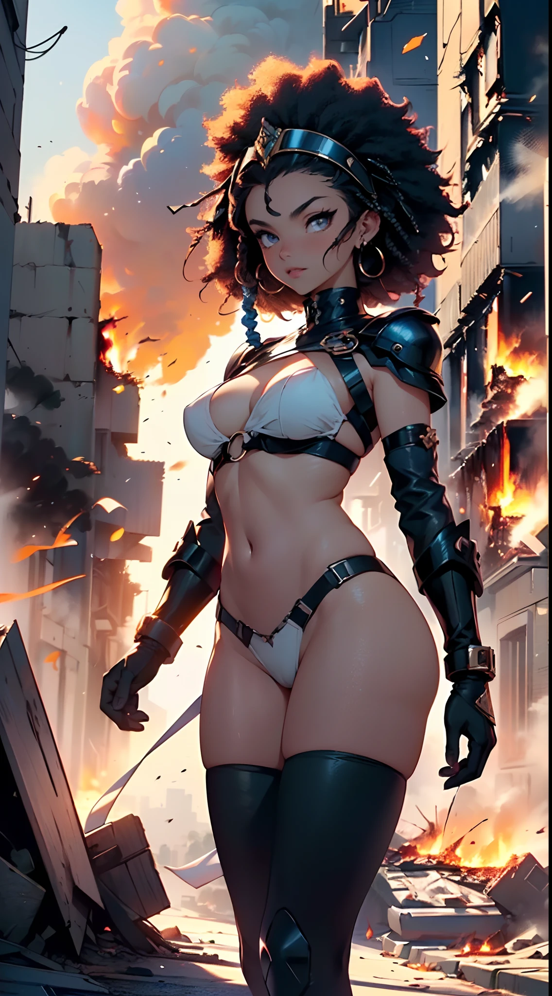 Chica Princesa africana deslumbrante, Egyptian Princess,beautiful,(((1girl))),((linda y hermosa chica de cabello afro)),((((raza negra)))),
(senos grandes:1.4),Saggy breasts,((((Cabello afro negro:1.35,((cabello afro:1.35)),Afrohair,afro:1.35,Cabello OSCURO,cabello negro,)))),cabello mediano,((heterochromia:1.5,ojo1 naranja,ojo2 rojo,ojos perfectos,Ojos volteados hacia arriba:1.3,hermosos ojos detallados,Hermosos ojos finamente detallados:1,Gran punto culminante en los ojos:1.2)),((gordo)),((((tan,dark skin,piel negra:1.35,moreno_hembra,dark skin:1.3,ebony skin,Piel lustrosa:1.5,piel brillante: 1.5,piel brillante,piel muy brillante,cuerpo brillante,piel iluminada,piernas mojadas)))),(spider lower abdomen,cintura estrecha,cadera ancha,atletic body,piernas infladas,Dedos delicados y detallados),((La mano consiste en un pulgar corto y cuatro dedos,mano con solo cinco dedos,(Cara detallada))),
Lindo,guarra,Sensual,mirada seductora,seductor,erotic,encantador,(((NSFW))),
Zettai Ryouiki,Ropa reveladora,Mostrar piel,(wearing a mechanical space body armor:1.3,Micro Bikini,piernas desnudas,un brazo blindado),((ropa Princesa africana deslumbrante, Egyptian Princess, beautiful cleopatra,Ropa detallada)),
(dynamic pose:1.0),Enfoque en solitario,avergonzado,(centrado,Escala para ajustarse a las dimensiones,Regla de los tercios),
((((burning city buildings fire)))),cielo tormentoso,cielo amenazante,nubes oscuras,((Tema de fondo synthwave,Antecedentes detallados : 1.25)),((((Noche,Nice lighting decorations,Arquitectura detallada)))),
(La mejor calidad,High resolution,foco nítido,Ultra detallado,extremadamente detallado,Ilustraciones de muy alta calidad,(realista,fotorrealista:1.37),8k_papel tapiz,(CG 8k extremadamente detallado),(muy fino 8K CG),((Hyper super ultra detallado pieza perfecta)),impecable,(((Obra maestra))),illustration,colores vibrantes,(intrincado),alto contraste,Selective lighting,Doubleexposure,HDR (High Dymanic Range),Post-procesamiento,Desenfoque de fondo,