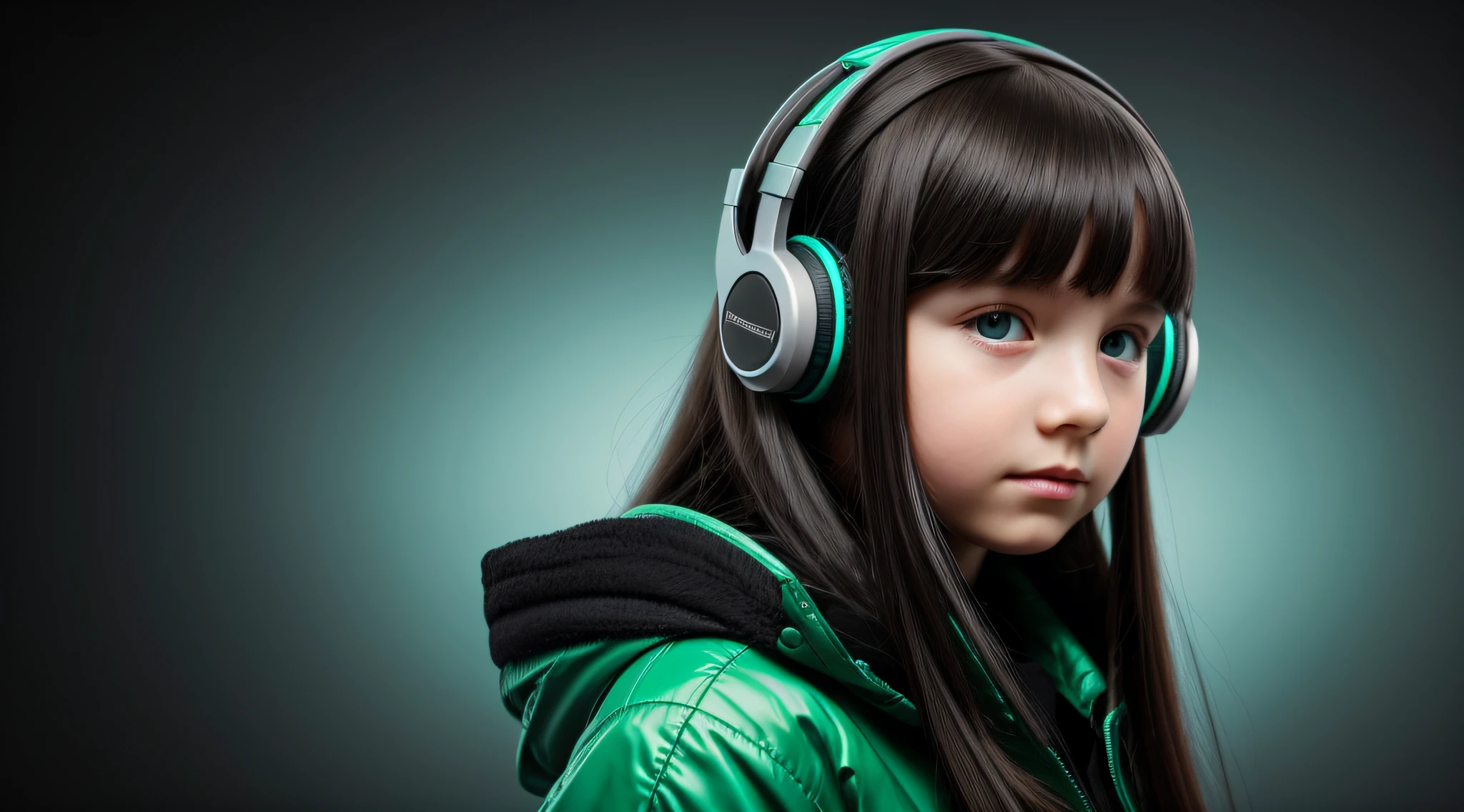 Russian child girl long dark hair straight, put on headphone jack and change into a cyberpunk green coat but do not change the face, gray background.