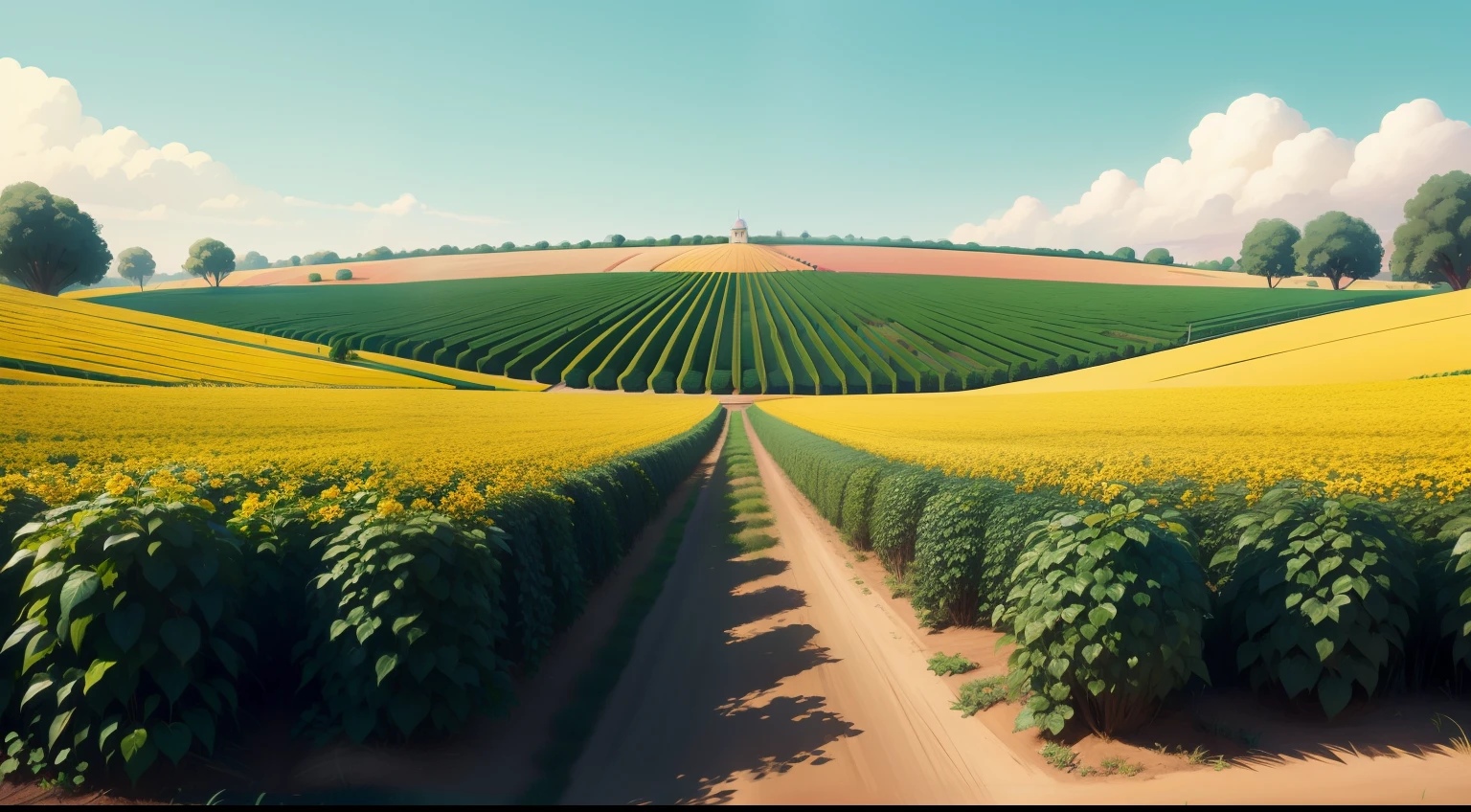 fruit field background,style of a Disney Pixar cartoon