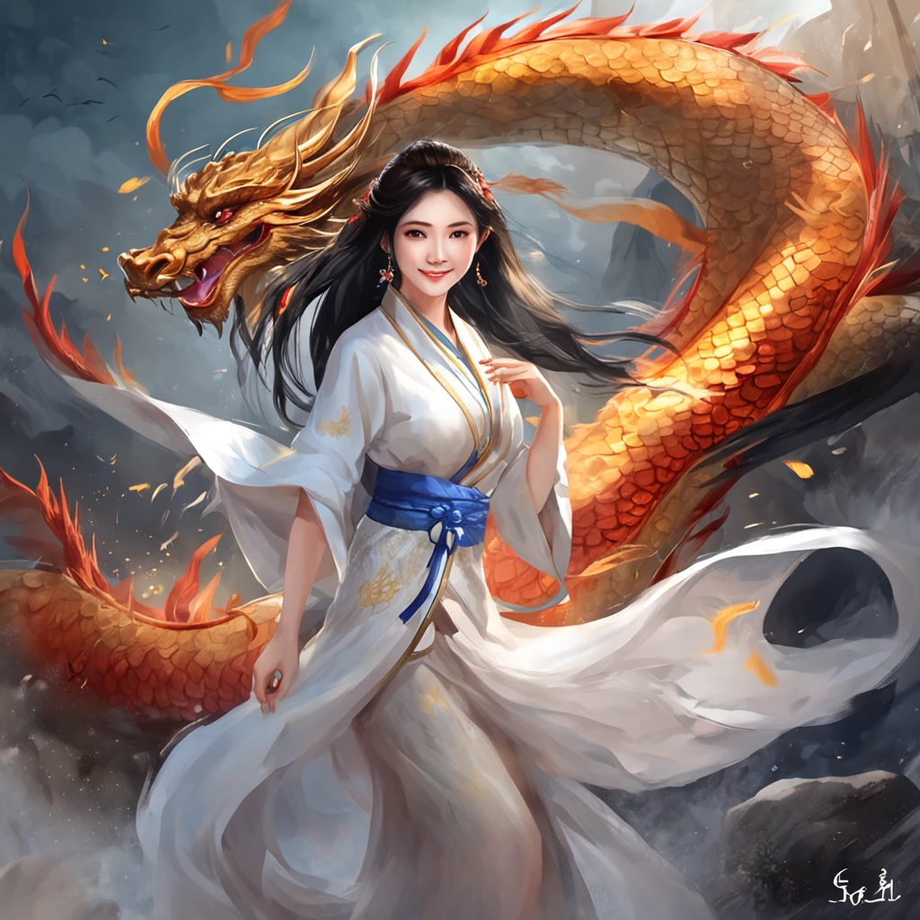 surrounded by huge Chinese dragons，The dragon opens，独奏，Floating hair，standing on your feet，sun skirt，liquid clothes, Best quality,  Photo, Girl,  Long hair, Black hair, crossed bangs, Seductive smile, Starry night, Thick fog on the ground, Blue light on the horizon, Unreal Engine 5, Cinematic, low angle photography, Motion blur, Depth of field, Dust, Cobblestones and dirt. Splash Art, dripping paint. Perfect color grading. Influenced by Karel Appel and Jeremy Mann, Full of dramatic and threatening scenes, Hyper-detailed, Beautiful, insanely details, Intricate details, editorial photography, shot with a 50mm lens, Depth of field, Tilt Blur, Shutter speed 1/1000, f/22. Lightmaps, Super bright