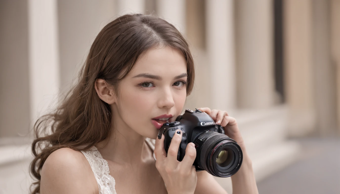 girl licking camera