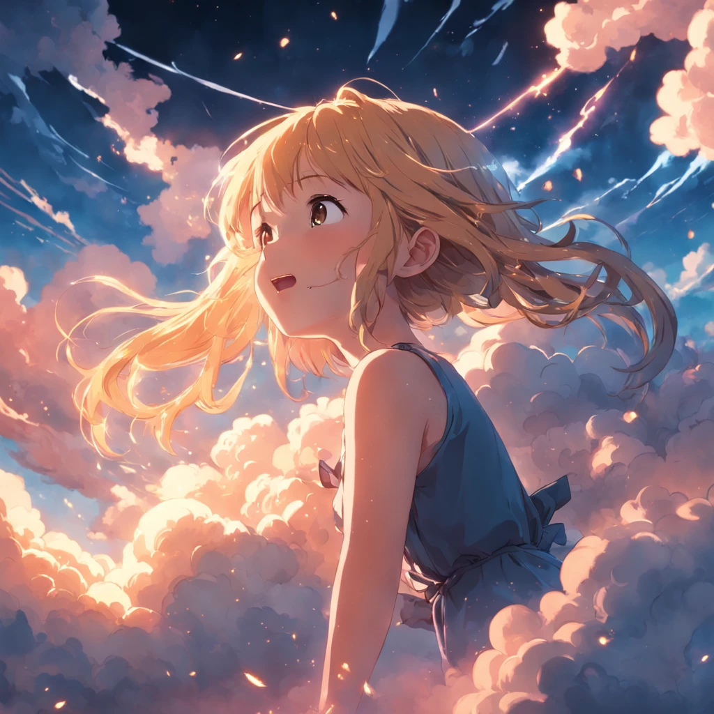masterpiece, best quality, movie still, 1girl, cloud girl, floating in the sky, close-up, bright, happy, warm soft lighting, sunset, (sparks:0.7)
