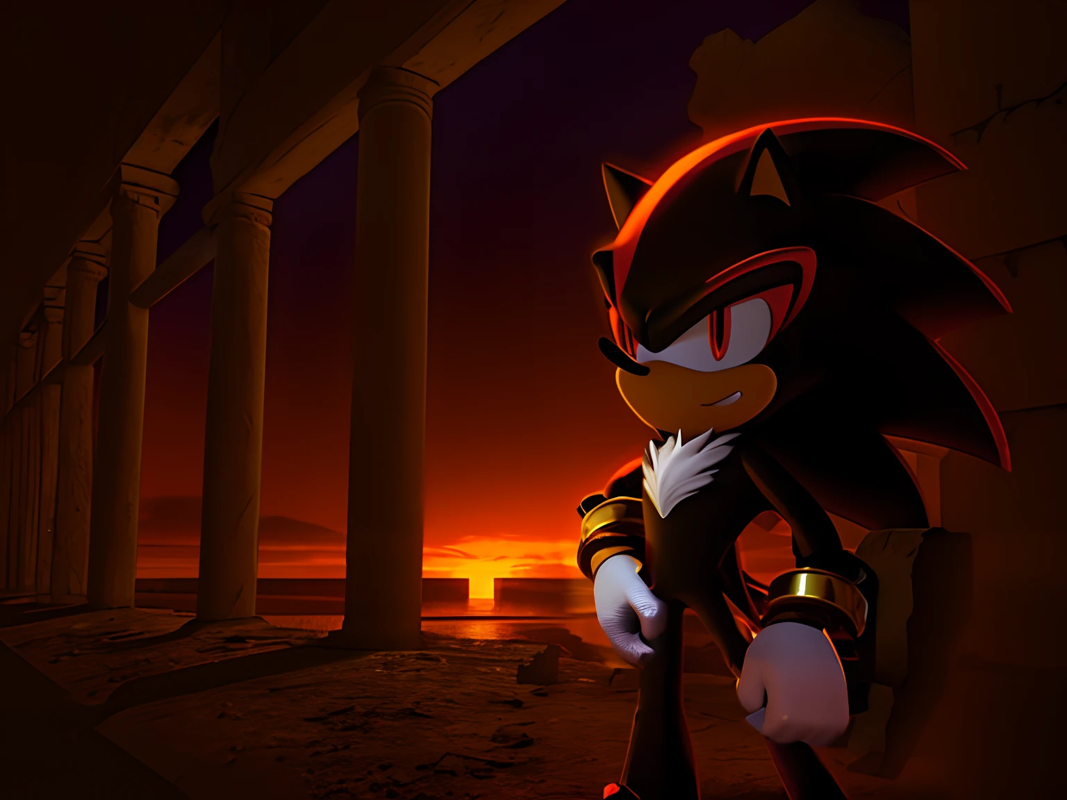 Shadow the Hedgehog exploring an ancient ruin during a breathtaking sunset.