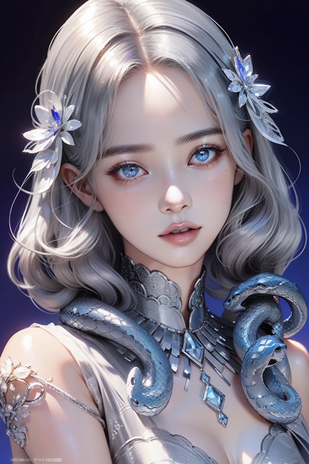 The hair is covered with beautiful and delicate floral craftsmanship, Crystal jewelry filigree,jewelry,Ultra-detailed details,Beautiful aristocratic girl,Gray hair is elegantly coiled,(((Silver giant snake))),Blue and purple clear eyes,