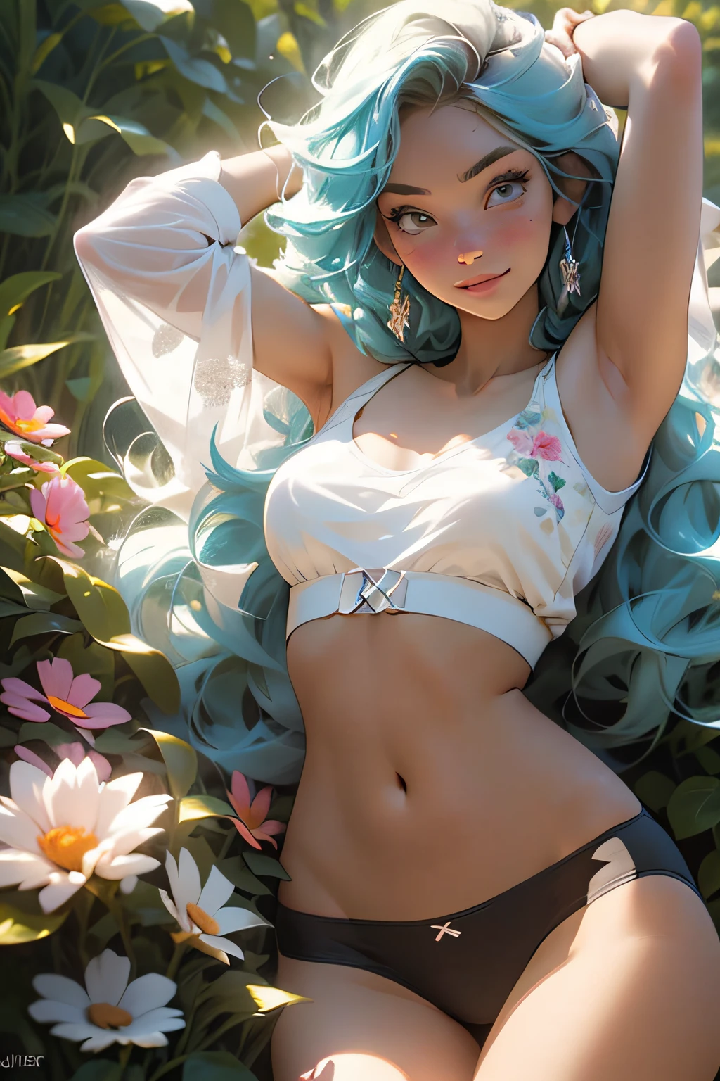 melancholy lighting, quiet, calm, brightness, masterpiece, best quality, 1girl, (JinxLol:1.2), (ultra photorealistic:1.3), (masterpiece:1.4), best quality, ((realistic)), high quality, ultra detailed, ((Real image)), ((realistic skin)), ((realistic face)),(illustration:1.05), (beautiful:1.05), (beautiful detailed eyes:1.05), (cinematic light:1.1), Full body, precise proportions, 18-year-old girl, skinny model lying on the grass, surrounding garden, tree shadow, BLUE hair fluttering in the wind, tulle, long legs, feet slightly open, buttocks, blush, shyness, collarbone, abdominals, double weave, beautiful and delicate face, fair skin, real skin, (face detail), pores, super high resolution, 8k, parameters Best quality, masterpiece, super high resolution, (Realistic 2.0), More details, detailed skin, transparent panties, wide smile, white teeth, voluminous BLUE hair, perfect and well designed eyes, girlfriend, beautiful, beautiful, flowers, studio lighting