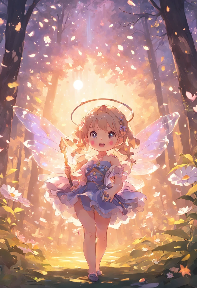ln the forest,night moon,Mini cute 3 flower fairy, Chubby toot,Skirt made of petals,Huge flowers,Colorful colorful,Transparent colorful wings, Magic wand,closeup cleavage,Light attenuation,Glow effects,depth of fields,high light,Real light,Ray traching,oc rendered,Hyper-realistic,best qualtiy,8K,Works of masters,super-fine,Detailed pubic hair,Correct anatomy,sharp focus on eyes,Bokeh,Facial features are carefully depicted,in style of hayao miyazaki,Miyazaki animation style