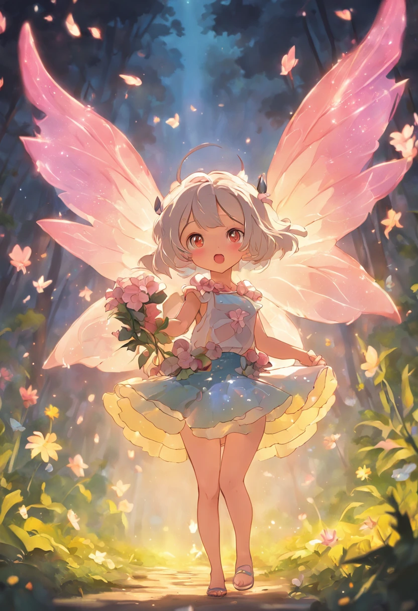ln the forest,night moon,Mini cute 3 year old flower fairy, Chubby toot,Skirt made of petals,Huge flowers,Colorful colorful,Transparent colorful wings, Magic wand,closeup cleavage,Light attenuation,Glow effects,depth of fields,high light,Real light,Ray traching,oc rendered,Hyper-realistic,best qualtiy,8K,Works of masters,super-fine,Detailed pubic hair,Correct anatomy,sharp focus on eyes,Bokeh,Facial features are carefully depicted,in style of hayao miyazaki,Miyazaki animation style