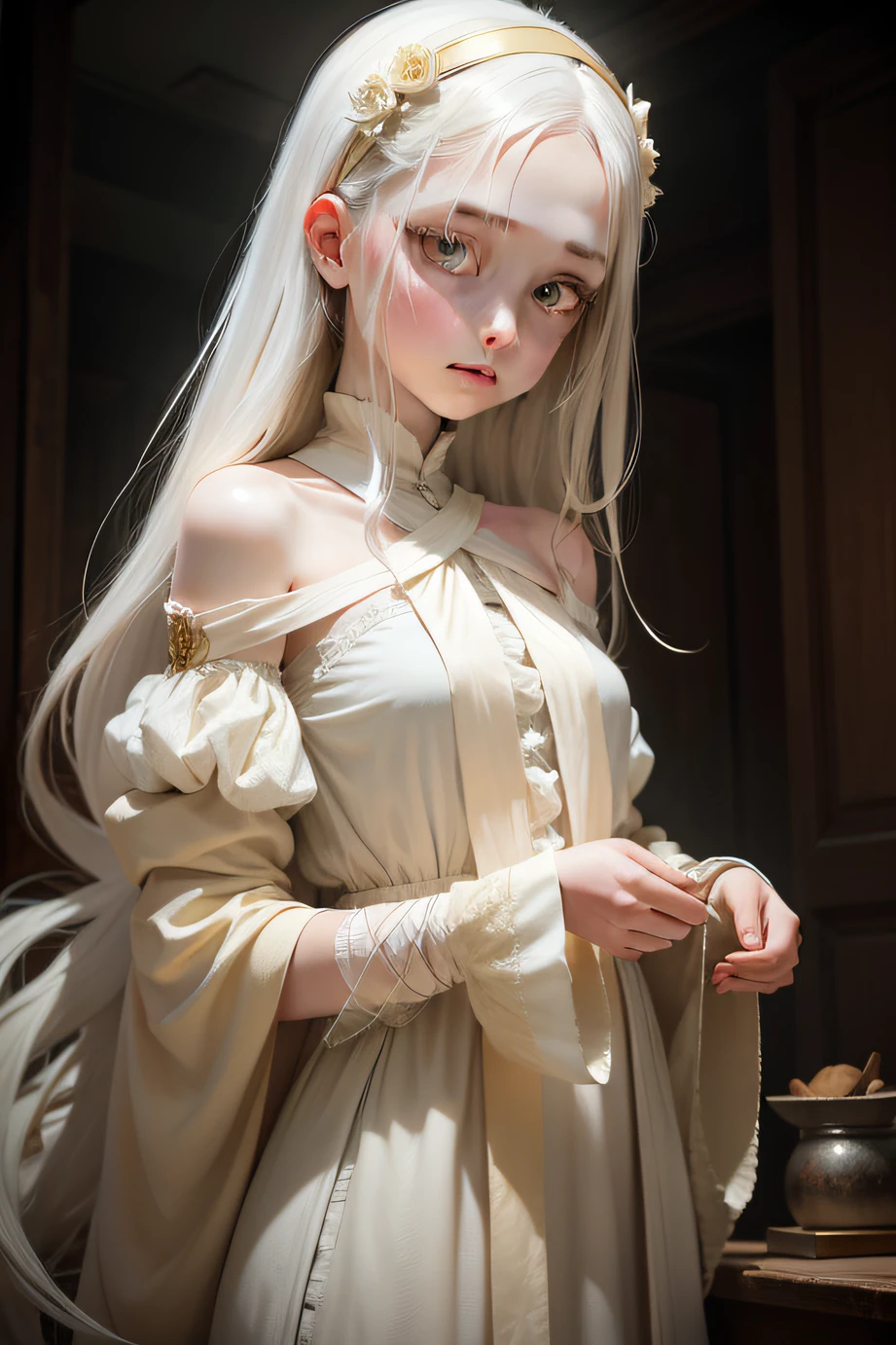 (Mono Color:1.4),1girll,Single focus,Pale hair,Off-white hair color,An air of mystery,glowing light eyes,Ethereal eyes,yellow eyes,Eerily yellow,almond eyes,Elongated eyes,delicate and thin eyebrows,Lips under bandages,Decorated with rags, A beige bandage wrapped around her,The girl is depicted in an elegant and slightly troubled pose,big trees,the crumbling walls,in pastel shades,earth tones,brown pubic fur,Beige and faded gold,gentlesoftlighting,Diffused light,Soft shadows on bandages,The glowing symbol emanating from the girl's body,