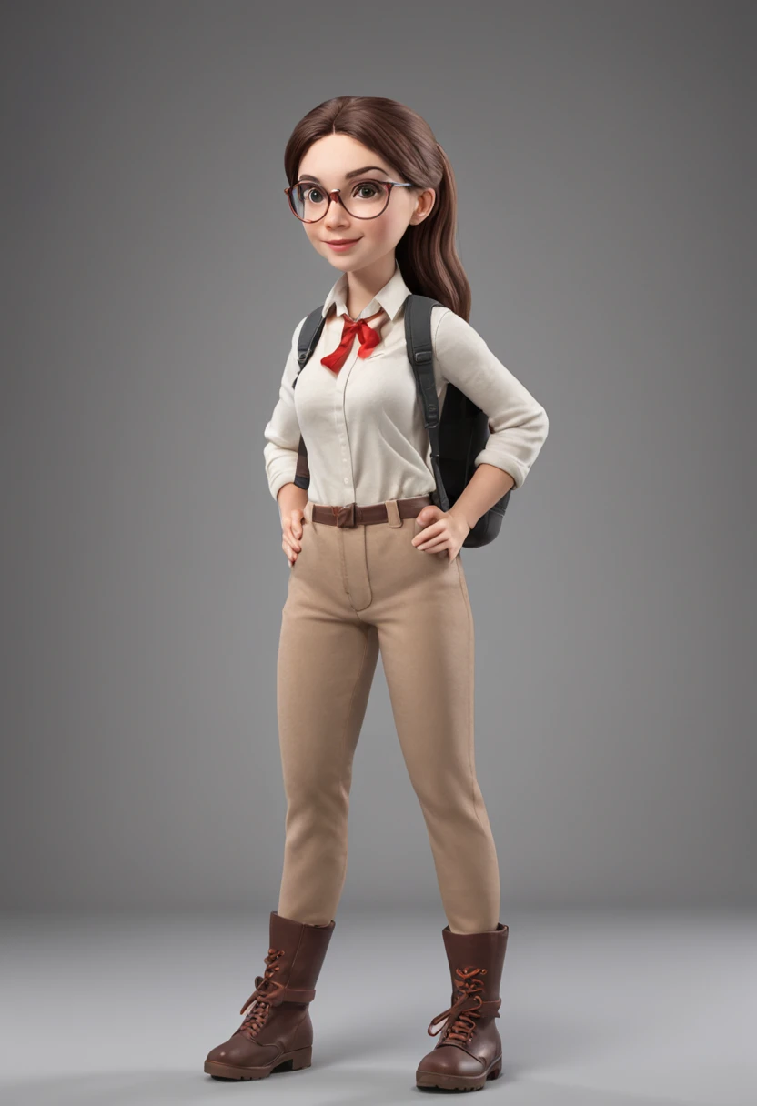 cartoon style girl  full body ,brown hair with pony tail , wearing glasses, different angles, character sheet