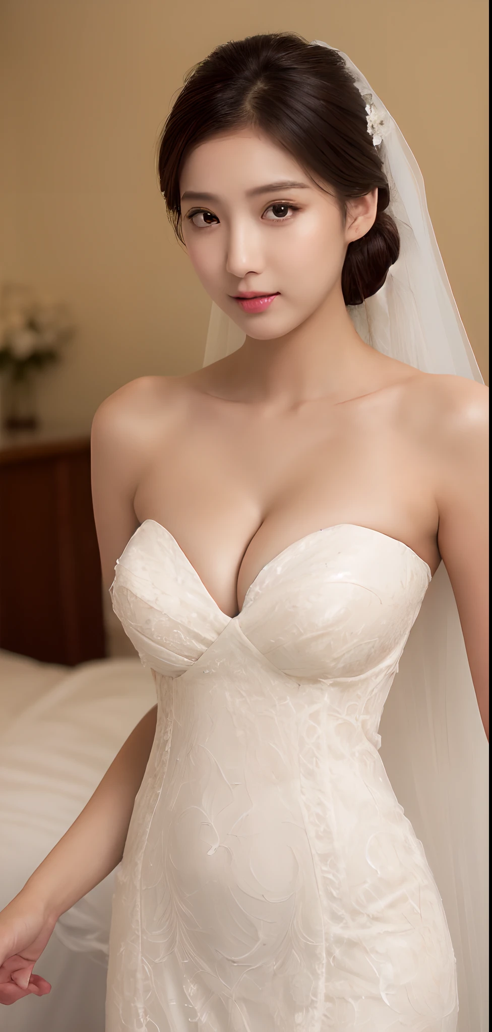 (8K, Highest high resolution:1.3), 1 girl with a perfect body, Super fine face,eyes with brightness,random hair style, Shoulders exposed,((Bandeau dress,wedding gown,tight-fitting,huge tit)), Expose cleavage,Exposing thighs