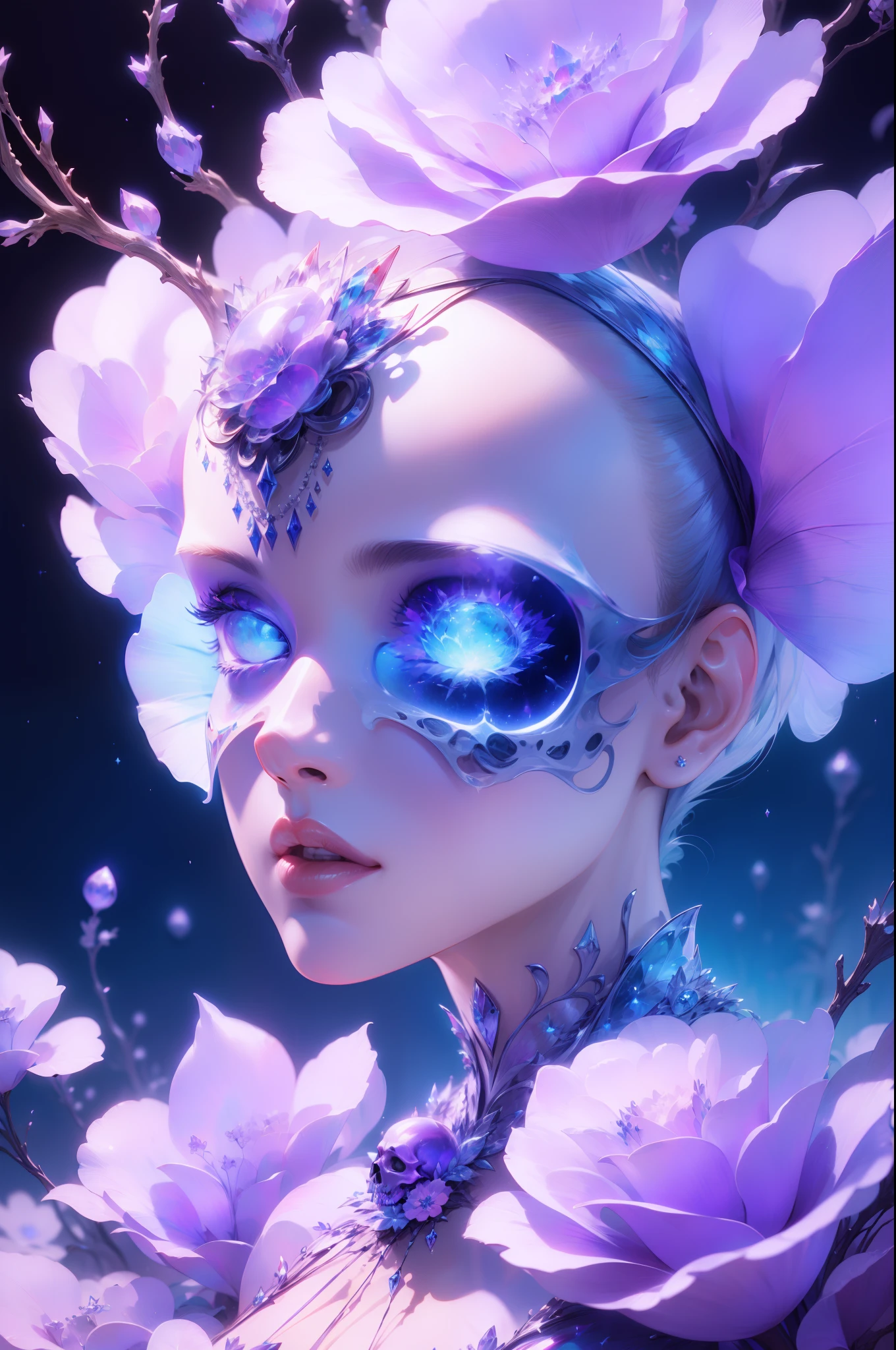 Huge purple skull,Poor milk,Blue crane,Wearing a blue, red and white princess dress,Close-up of upper body,Close-up photos,jewelery,Visions of heaven and earth,The background is the Milky Way and the Universe,Vitreous luster