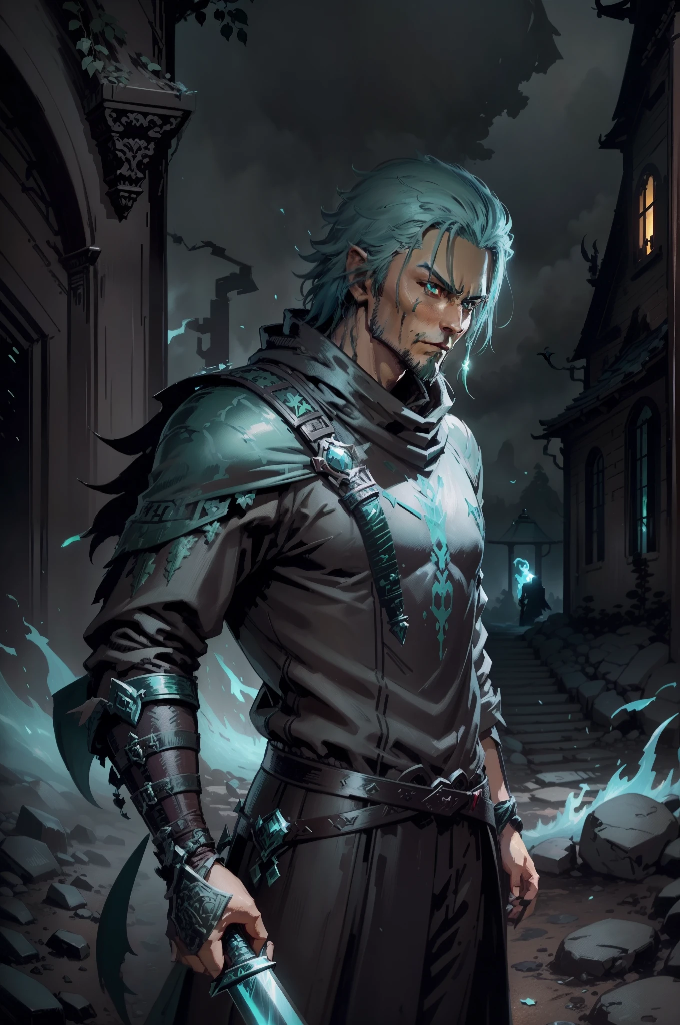 a man with a sword standing in front of a green fire, handsome guy in demon slayer art, epic fantasy art style, epic fantasy digital art style, by Yang J, digital 2d fantasy art, detailed digital 2d fantasy art, epic digital art illustration, Artstation contest winner, epic fantasy style art, demon slayer artstyle, anime epic artwork