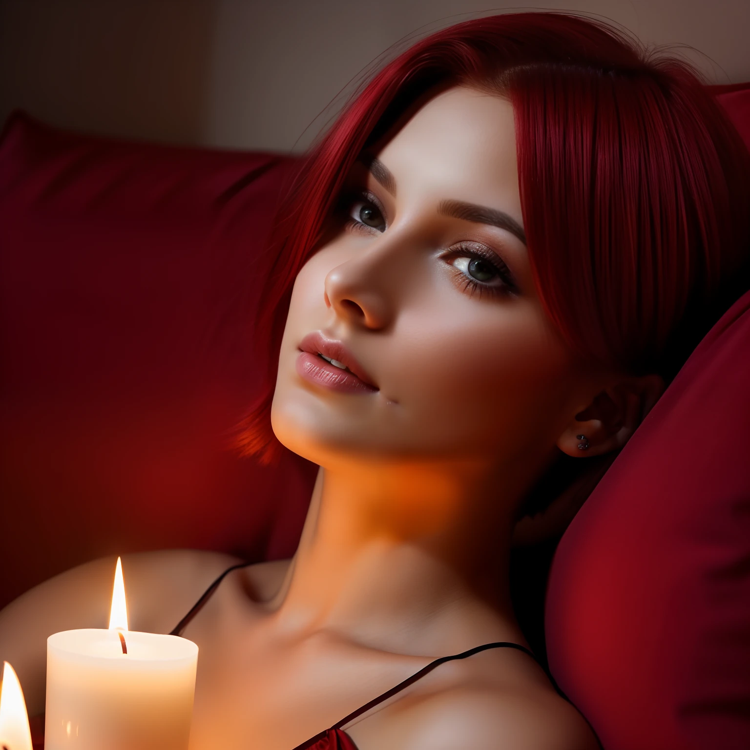 Stunning 30 year old woman with short hair, straight hair, red hair in night gown on sofa. Soft candle lighting. Close up face shot