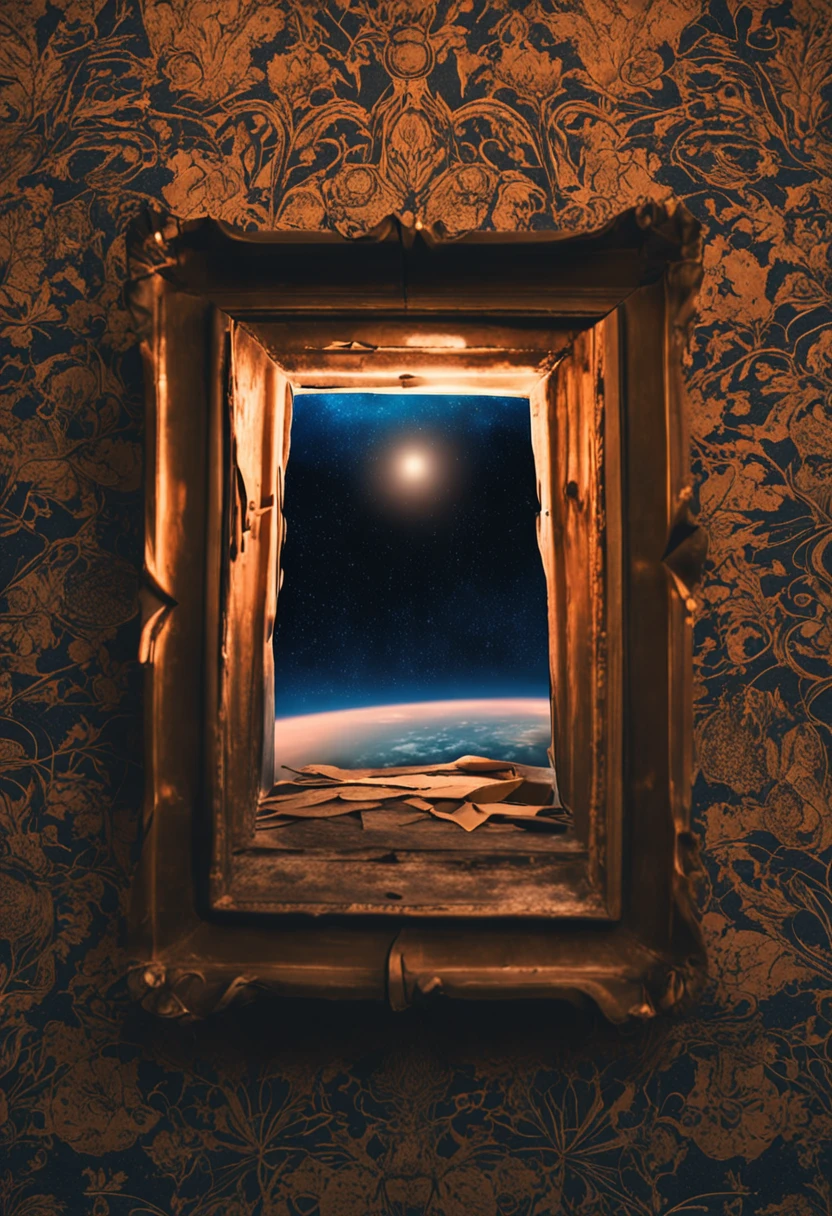 A round mirror with a golden frame and a friendly face, mas feio, refletido nele em uma parede de pedra. Ao lado, uma vela negra com uma chama azul.