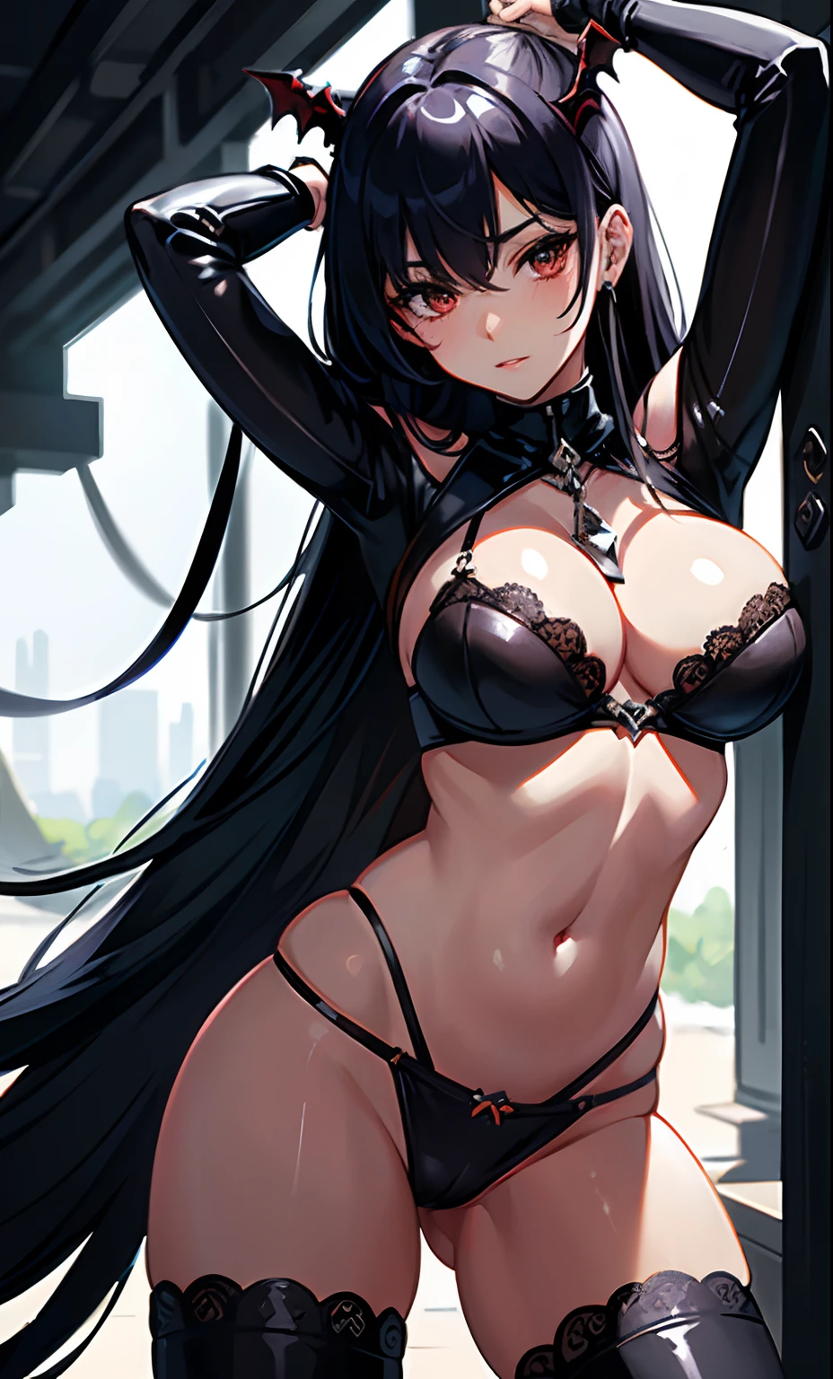 (extremely detailed CG unit 8k wallpaper, masterpiece, best quality, ultra-detailed), better lighting, better shading, a slave girl with arms tied to an iron bar above her head, black hair (bloodrayne), blushing, latex Bra