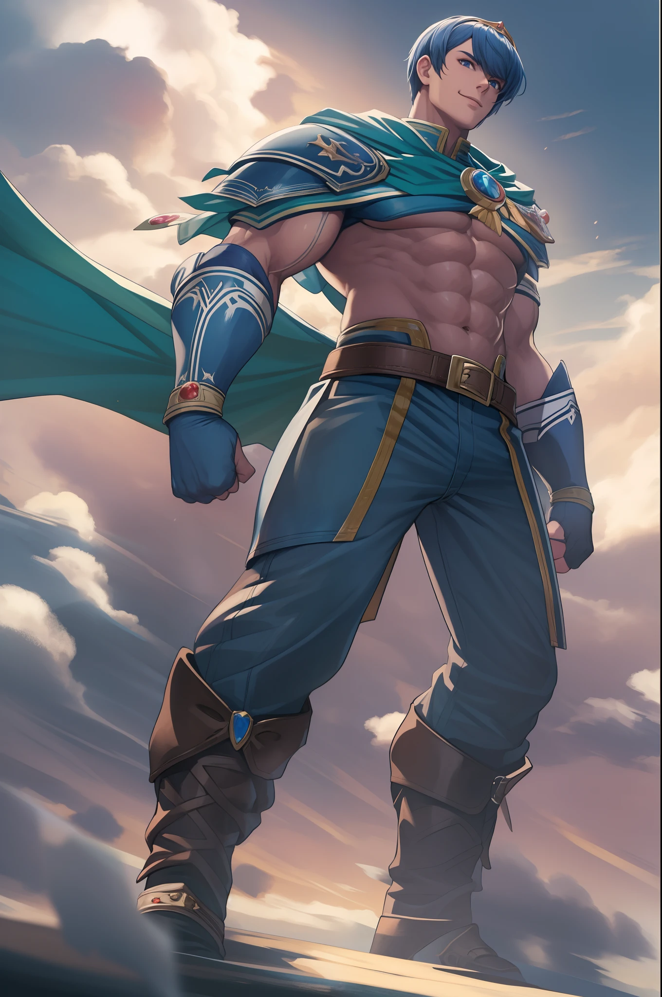 masterpiece, best quality, marth, tiara, cape, armor, blue tunic, fingerless gloves, belt, pants, cowboy shot, standing, clouds, sunset, furrowed brow, smile, looking at viewer, fists Muscular body, imposing body,Imposing appearance, muscular arms, muscular legs, only body, trapezoid torso, sturdy body, muscular body, defined round and fleshy pecs, defined washboard ABS, defined arms,