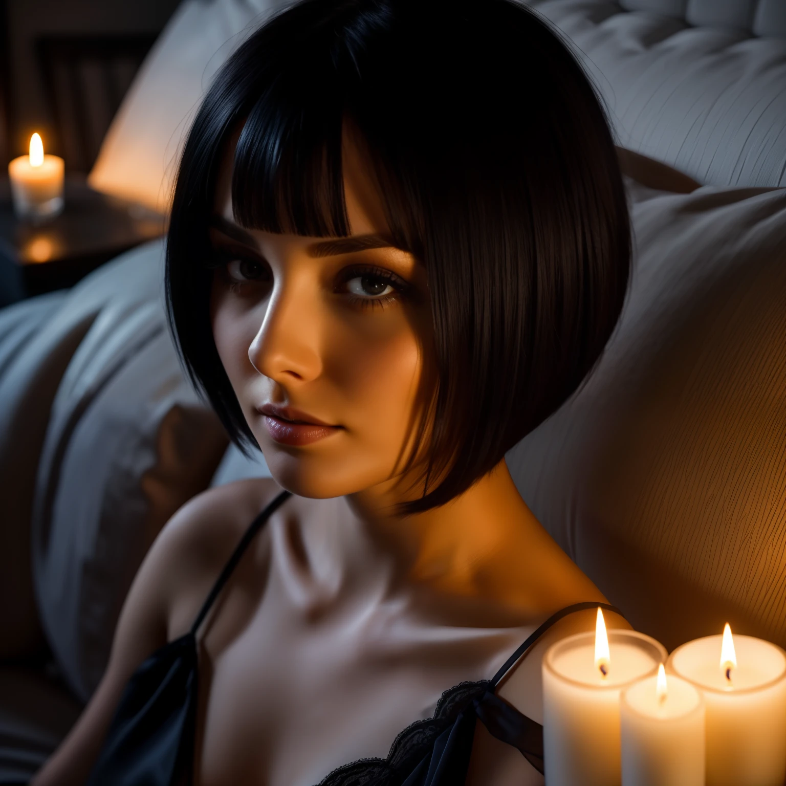 Stunning 30 year old woman with short hair, straight hair, black hair in night gown on sofa. Soft candle lighting. Close up face shot