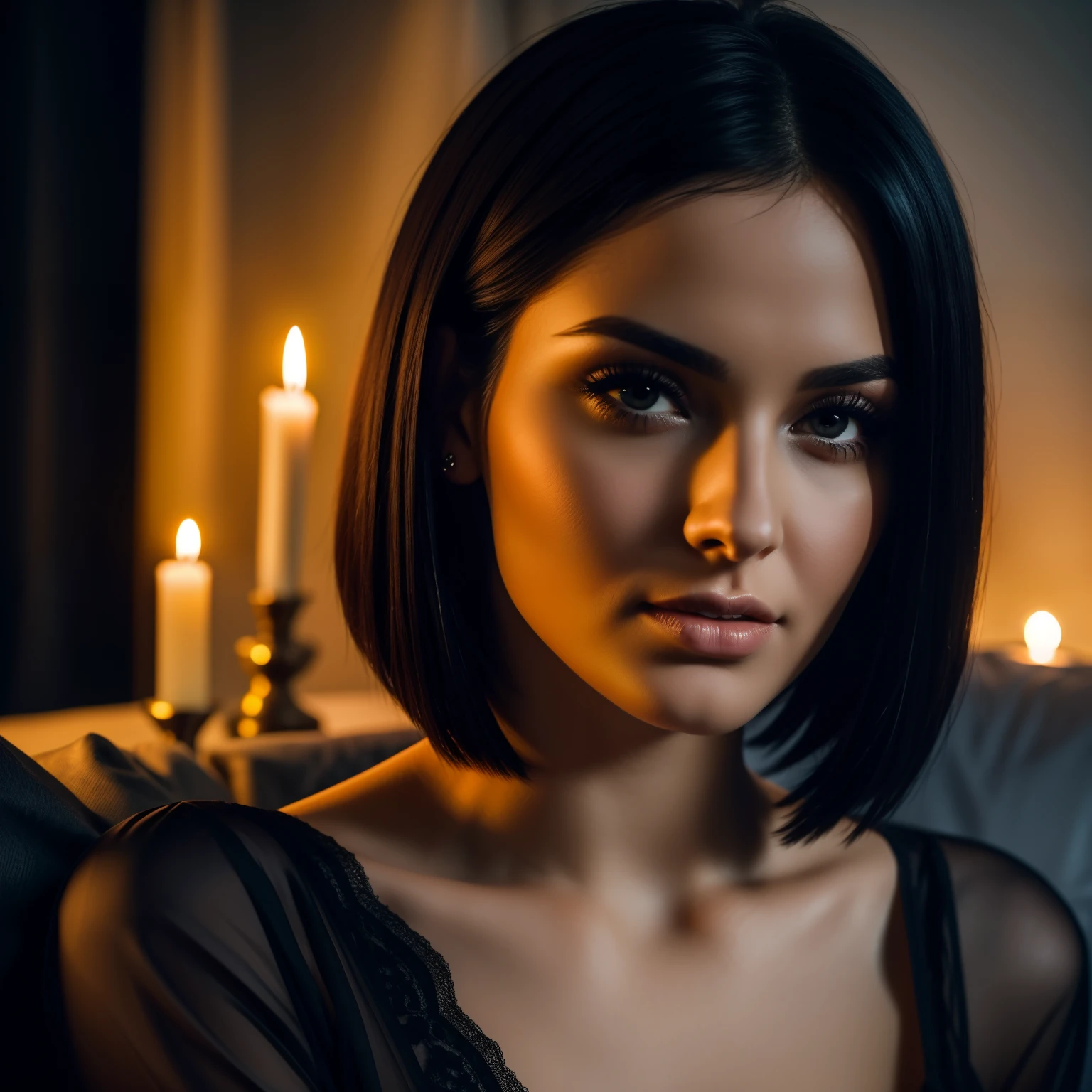 Stunning 30 year old woman with short hair, straight hair, black hair in night gown on sofa. Soft candle lighting. Close up face shot