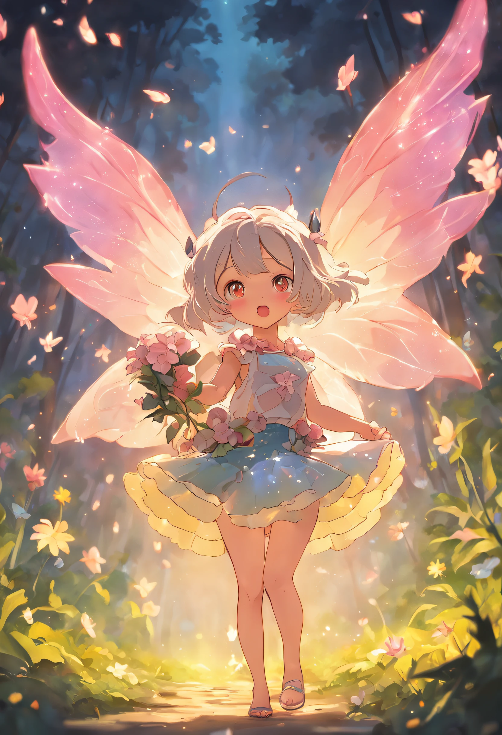 ln the forest,night moon,Mini cute 3 year old flower fairy, Chubby toot,Skirt made of petals,Huge flowers,Colorful colorful,Transparent colorful wings, Magic wand,closeup cleavage,Light attenuation,Glow effects,depth of fields,high light,Real light,Ray traching,oc rendered,Hyper-realistic,best qualtiy,8K,Works of masters,super-fine,Detailed pubic hair,Correct anatomy,sharp focus on eyes,Bokeh,Facial features are carefully depicted,in style of hayao miyazaki,Miyazaki animation style