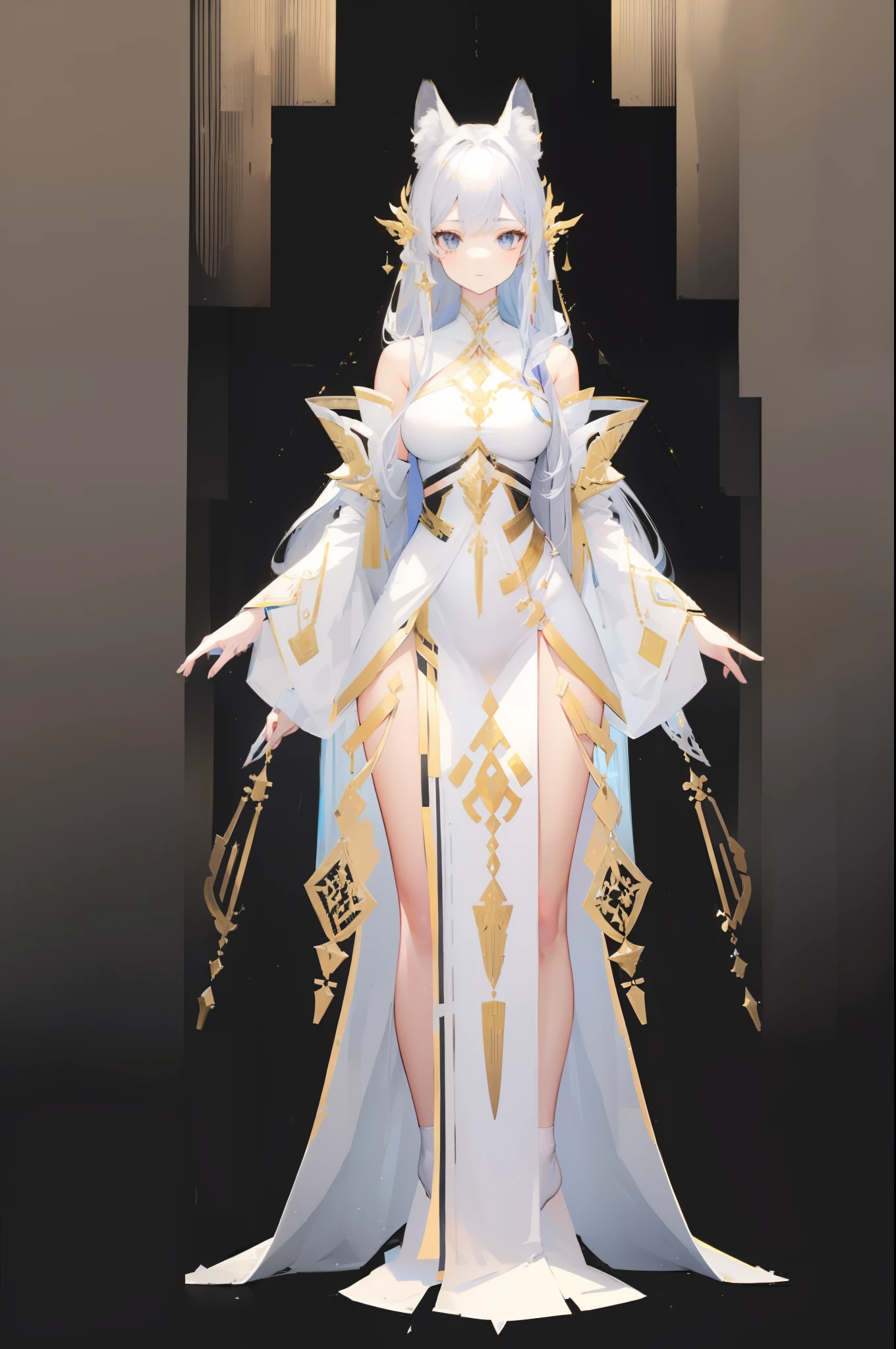 ((three sided view,full body,simple background,multiple views,highres)), masterpiece, best quality,8k, perfect face, expressive eyes, (full body:1.2), 1girl, goddess of light, white and gold theme, angelic, intricate design, ethereal, fantasy, elegant, androgynous, white jackal, reference sheet, long hair, long jackal ears, female focus, (adoptable character:1.0), simple background, solo