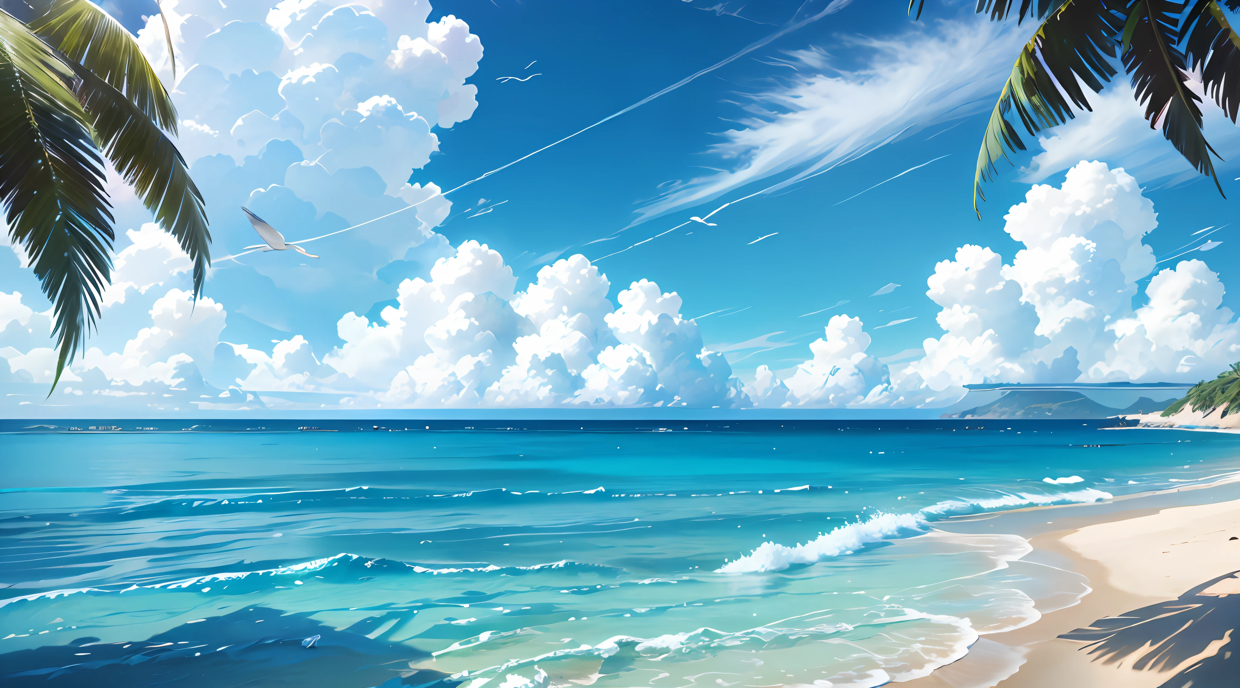 Summer, seaside, island, clear water, blue gradient water, transparent water, island, coconut palm, paradise, large clouds, blue sky, hot weather, HD detail, hyper-detail, cinematic, surrealism, soft light, deep field focus bokeh, distant snow mountains, ray tracing, and surrealism. --v 6