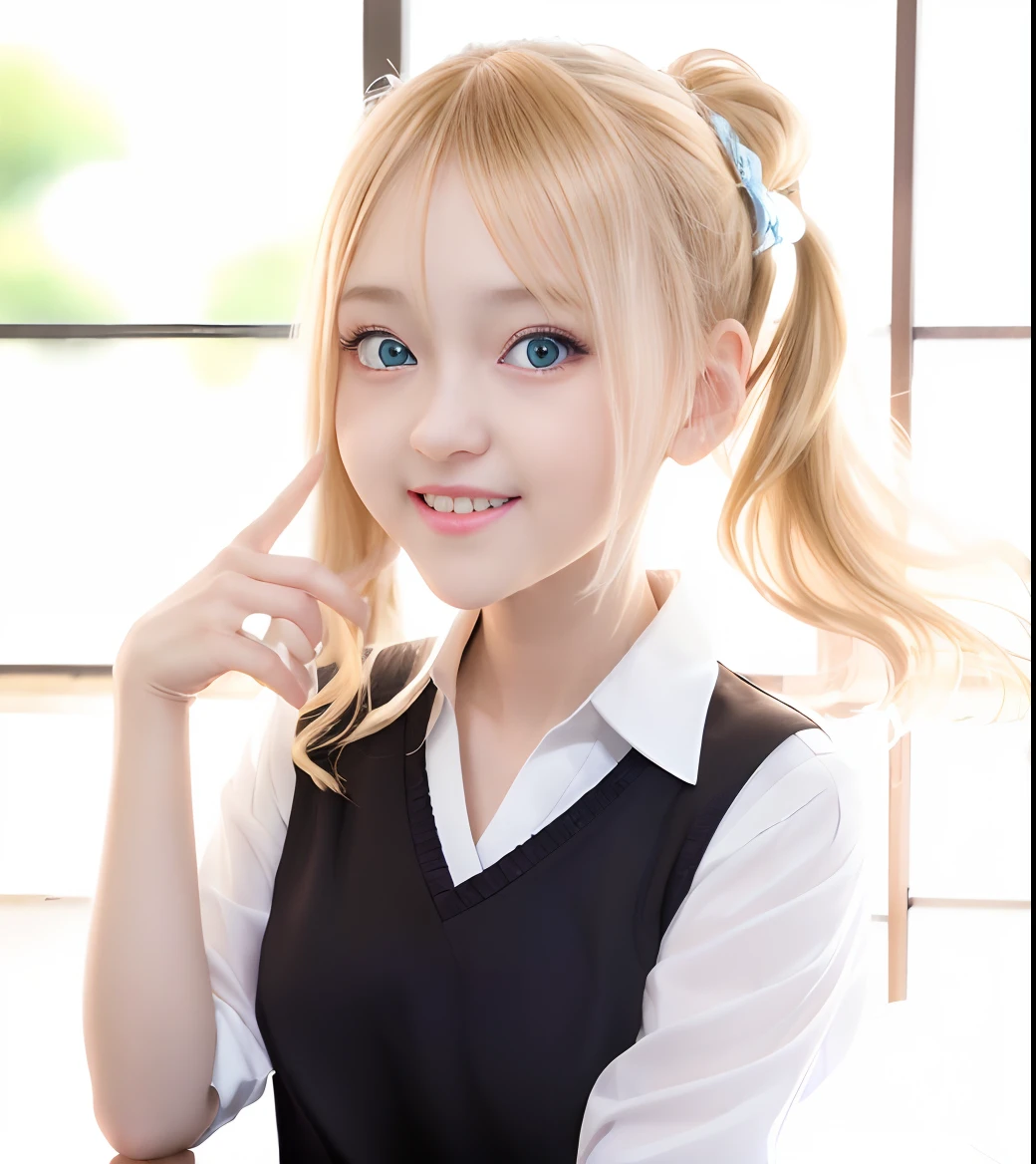 top-quality, 8K, ultra-detailliert, (japanes:1.8), (a smile:1.3), Side tail, side poneyTail, Hair tied up with a blue corsage, Girl with blonde hair and blue eyes in a black vest, Beautiful High School Girl, blonde  girl with long hair, girl with, Cute girl visuals, best girl, attractive girl, Realistic Schoolgirl, younggirl, A girl named Ai Hayasaka, kawaii girl, Cute little girl s, (teens girl)