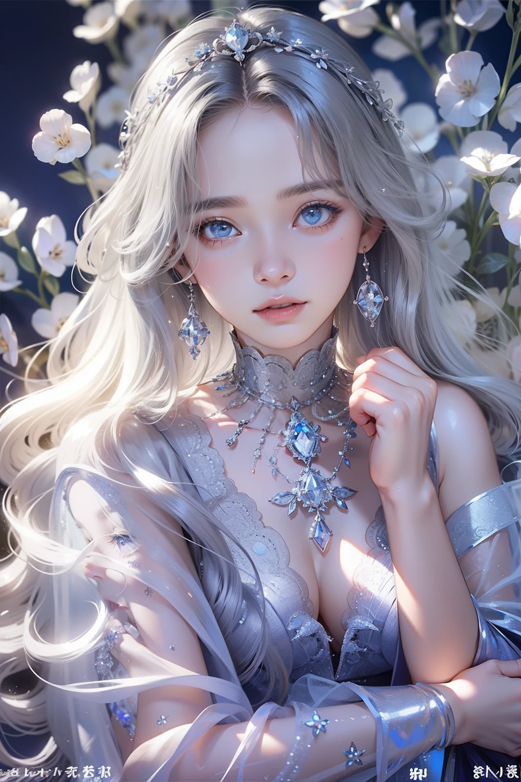 The hair is covered with beautiful and delicate floral craftsmanship, Crystal jewelry filigree，jewelry，Ultra-detailed details，Beautiful aristocratic girl，Gray hair is elegantly coiled，(((Silvertone)))，golden colored。Blue and purple clear eyes，