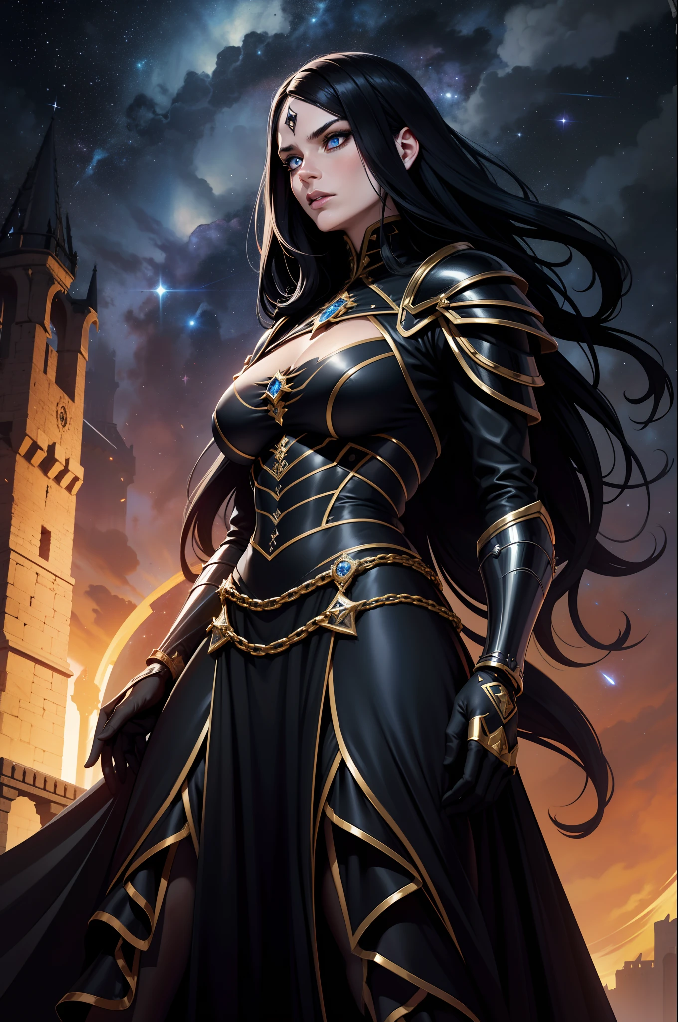 Uma personagem feminina, cabelos longo preto, Black and gold Gothic armor, Correntes, capuz, manto, portal, Magnificent, castelo, portal, armadura com detalhes arcanos, Starry sky with red and black clouds, Magnificent, dramatic scene, 8k, blue eye color, anjo com asas negras
