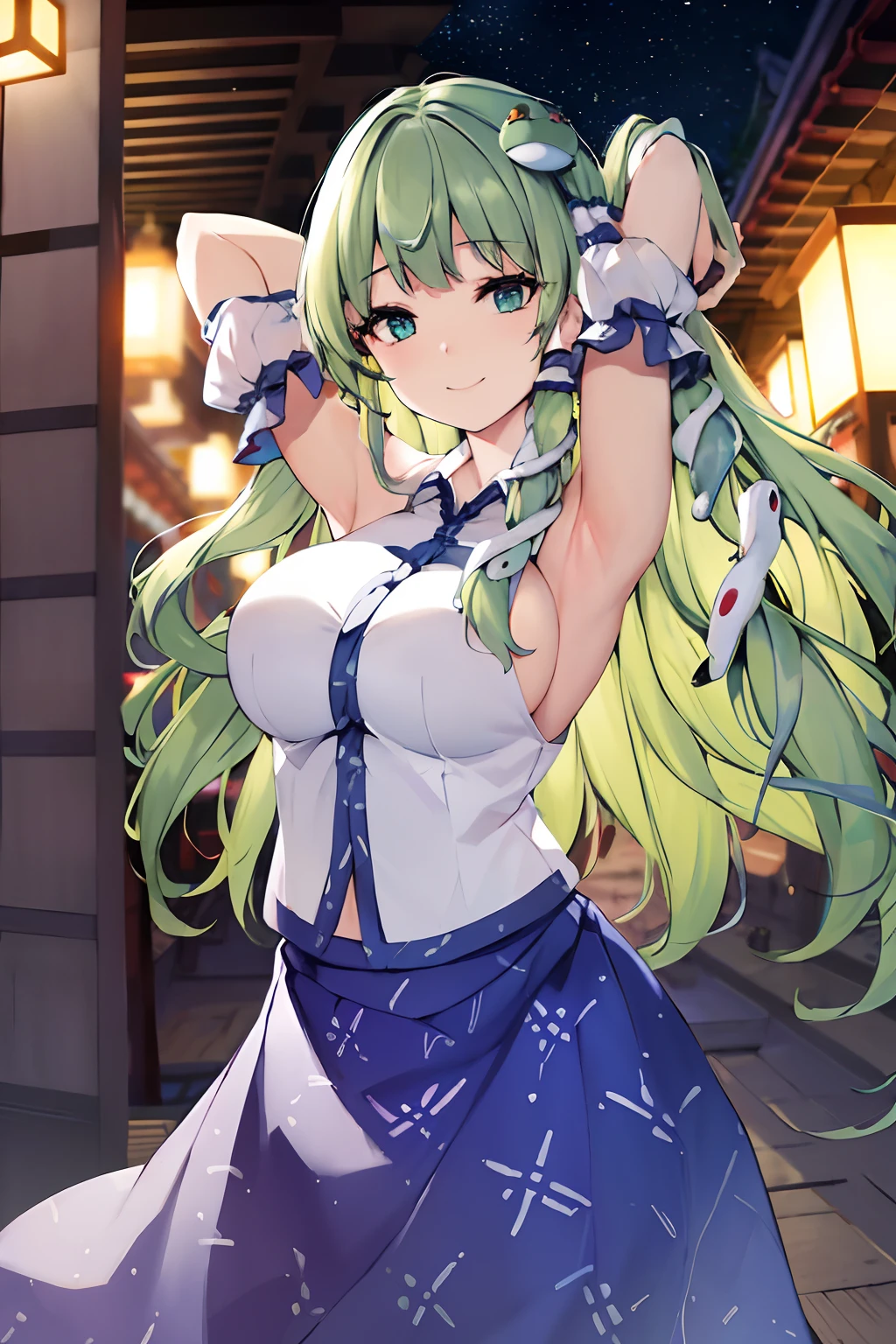 masterpiece, best quality, (colorful),(delicate eyes and face), volumetric light, ray tracing, extremely detailed CG unity 8k wallpaper,1girl,kochiya sanae,smile, long hair,green hair,green eyes,frog hair ornament, hair tubes,snake,detached sleeves,shirt,skirt,large breasts,thick thigs, (kbxll:0.7),arms up,armpits,japanese temple at night,