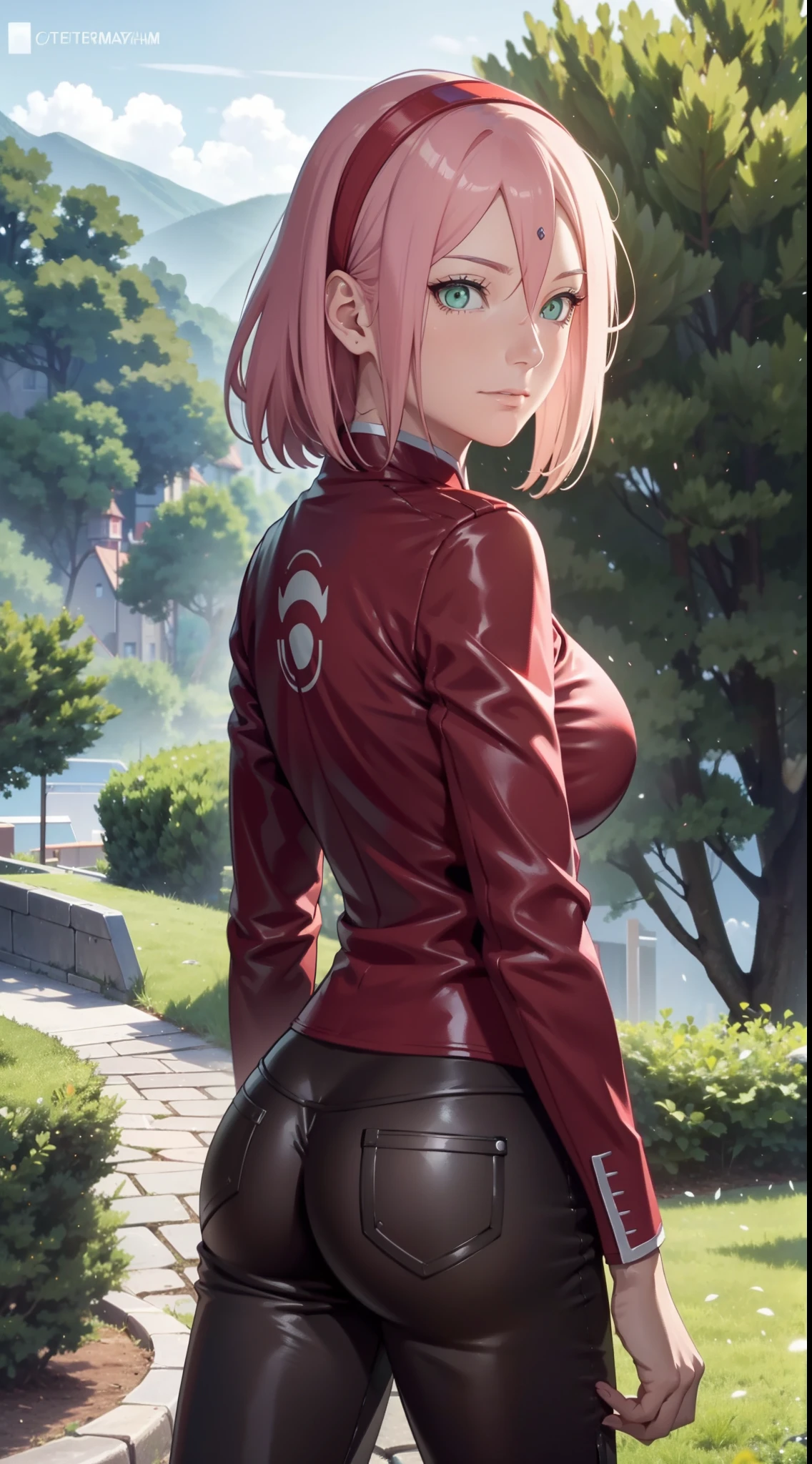 ,Kirschblütenwald, (Hohe Detailgenauigkeit:1 1), Raues Gesicht, natural skin, High quality, NSFW, Naruto Sakura,Ein rosahaariger,kurzes, detailliertes Haar,green eyes,(big boobs:1.2),(Schulterfreie Kleidung:1.5),Auslaufen aus der Schulter,(smil:1.2),Rot im Gesicht sein,(Spaltung:1.4),sexy Figur,Perfect body,gorgeous eyes, (detailliertes Gesicht und Augen), (Das Gesicht: 1 2), Noises,extra, Echtes Foto, ..................PSD, Lampenfilm-Fotografie, Scharfer Fokus, Kontrastreiche Beleuchtung, Empfindliche Haut, High Resolution 8K, Wahnsinnige Details, realistisch, Professionelles Fotoshooting, 8K UHD, Spiegelreflexkamera, Sanfte Beleuchtung, High quality, filmgrain, Fujifilm XT3,Zauberei,Partikel-FX,red tanktop,skinny jeans,from the back,perfect ass