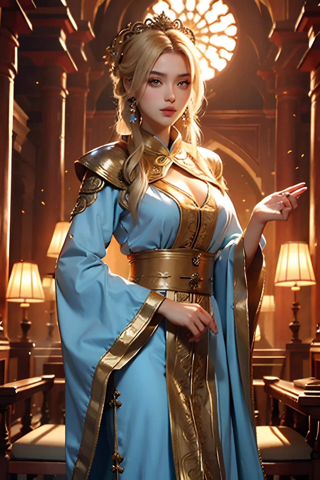beste-Qualit, master piece, ultra highres, (photoreallistic: 1.4), xiuxian, arme, face detailed, 1fille, solo, arme, décolleté, (cercle magique: 1.2), xiuxian, haut du corps, very beautiful blond blond hated European girl , caftan marocain outfit corps complet caftan couvre le corps entier, architecture du Maroc , gaine, architecture,