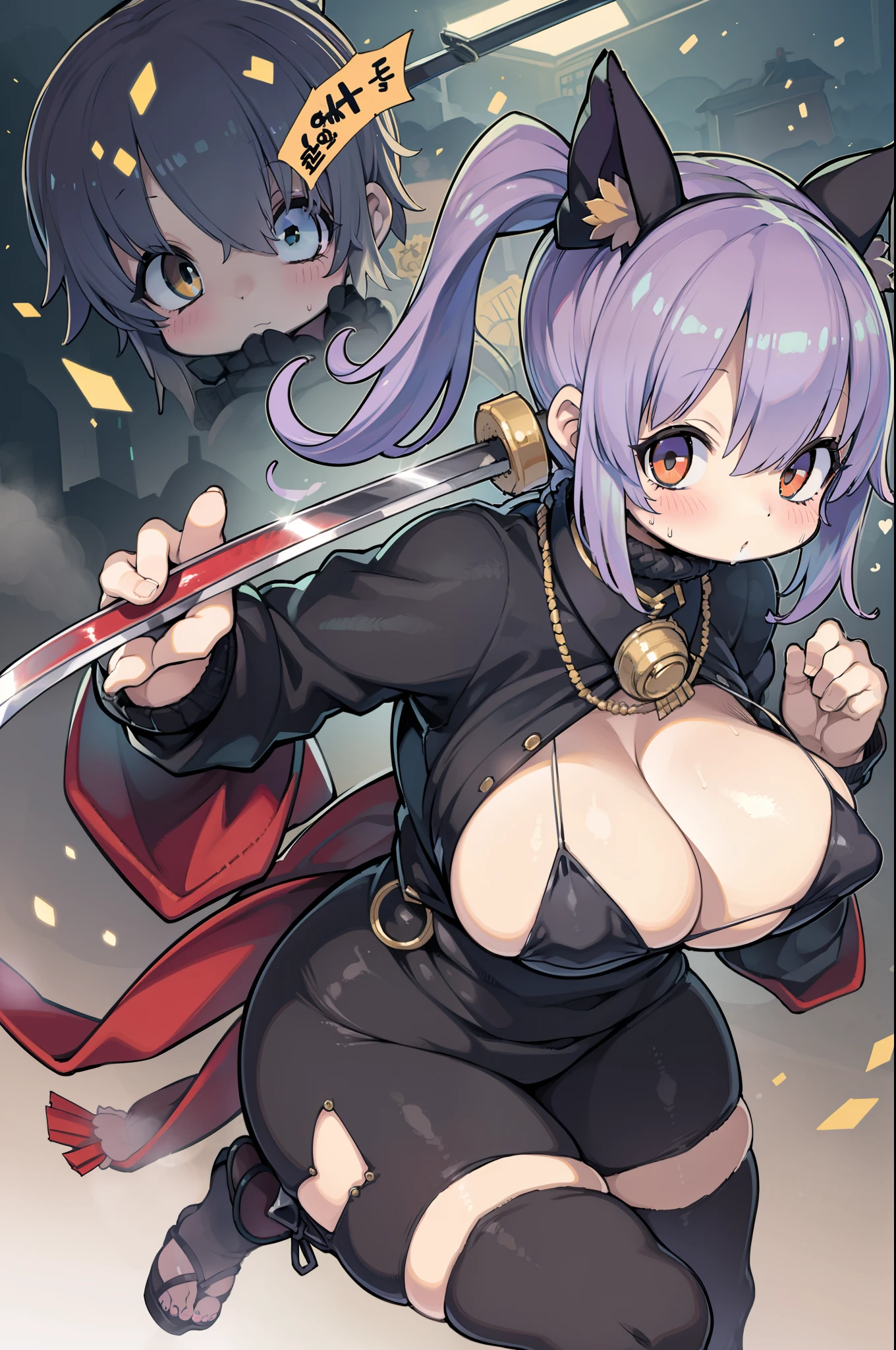 ninjartist,huge-breasted、holding a katana、From the top、overlooks、Running