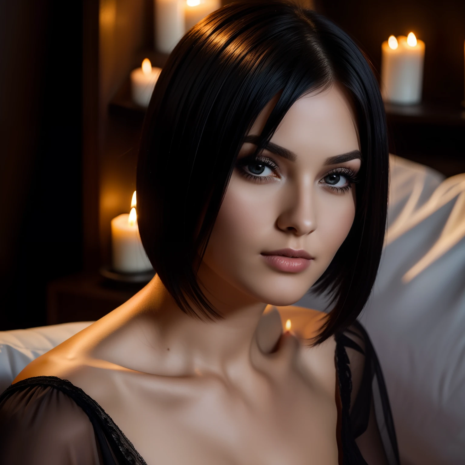 Stunning 30 year old woman with short hair, straight hair, black hair in night gown on sofa. Soft candle lighting. Close up face shot