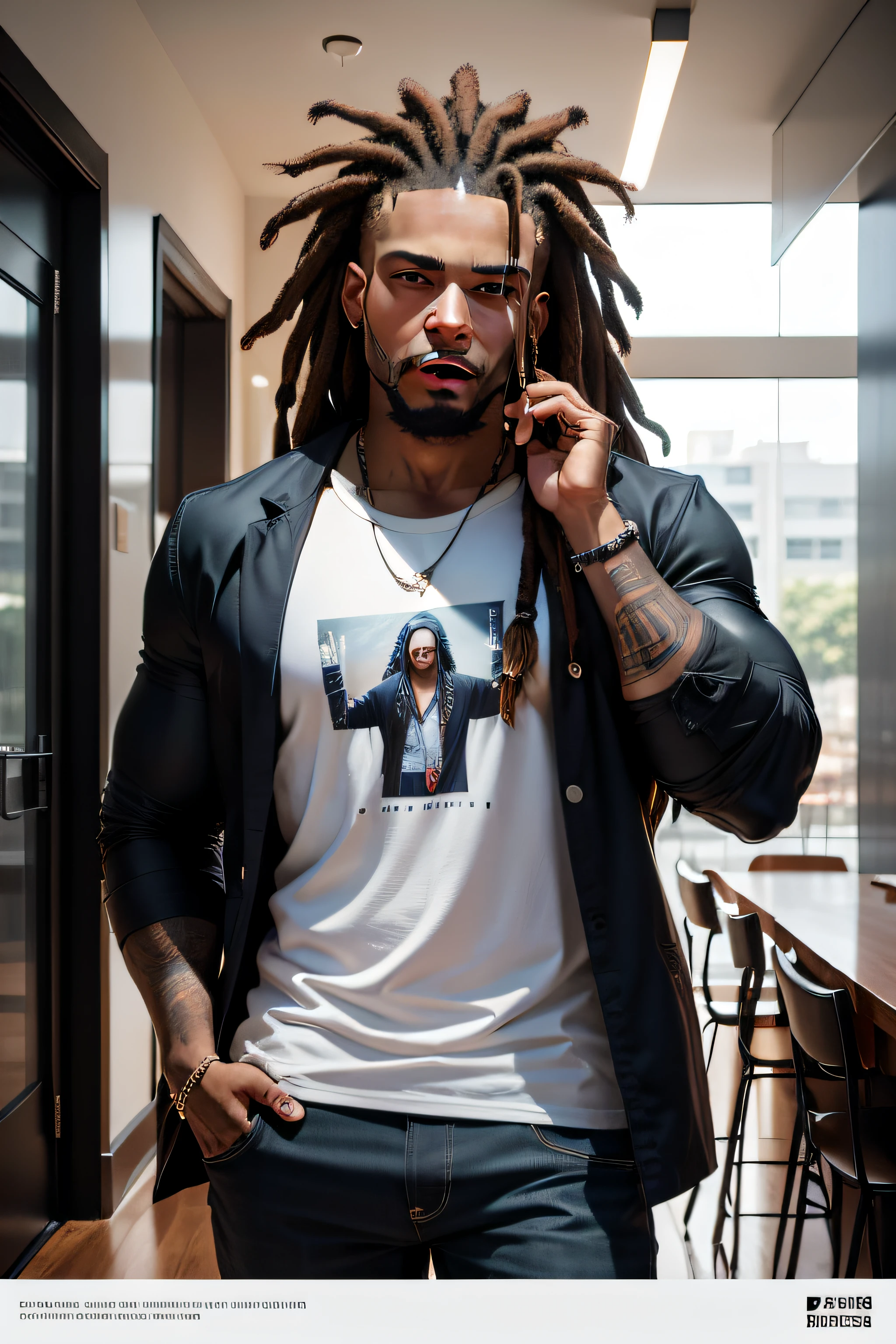 Homem com dreadlocks e camisa posando para foto, foto promocional, foto comercial, foto promocional, advertising photo, foto headshot, um homem negro com longos cabelos cacheados, imagem promocional, Foto promocional, photo shoot, fotografia promocional, Rodney Mateus, 'fundo branco'!!!, Foto de um ensaio promocional, taken in the early 2020s, Ultra realista, 8K, Futuristico