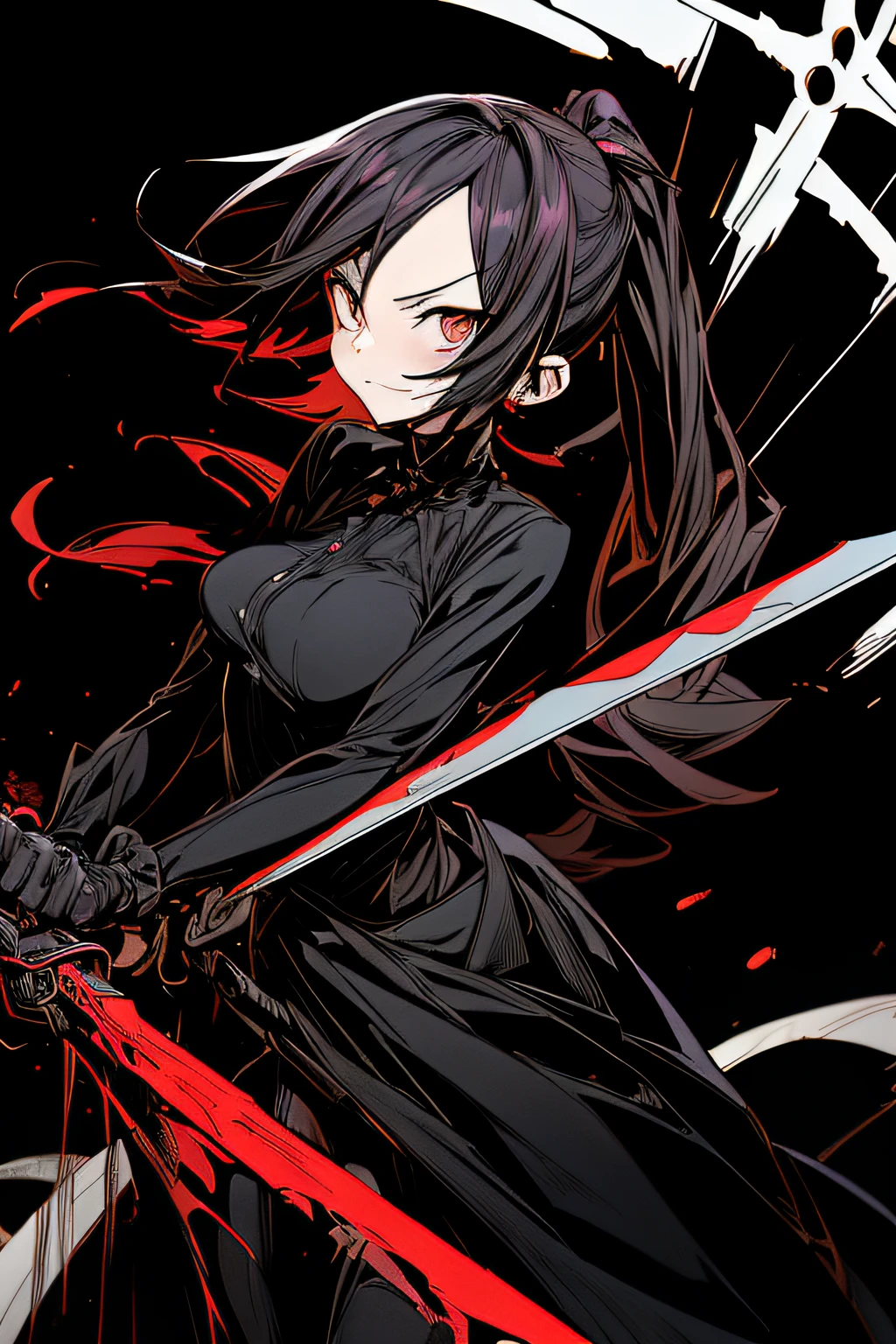 (comic book style),(linear art_Anime),(masutepiece, Best Quality, ),(Laura Bad Picture:1.2),(Lora Add Details:1.2),Highly detailed flat color:0.8, 8K,1 girl in,Gothic punk、Black long dress、Sickle in both hands、Fresh blood splattering background