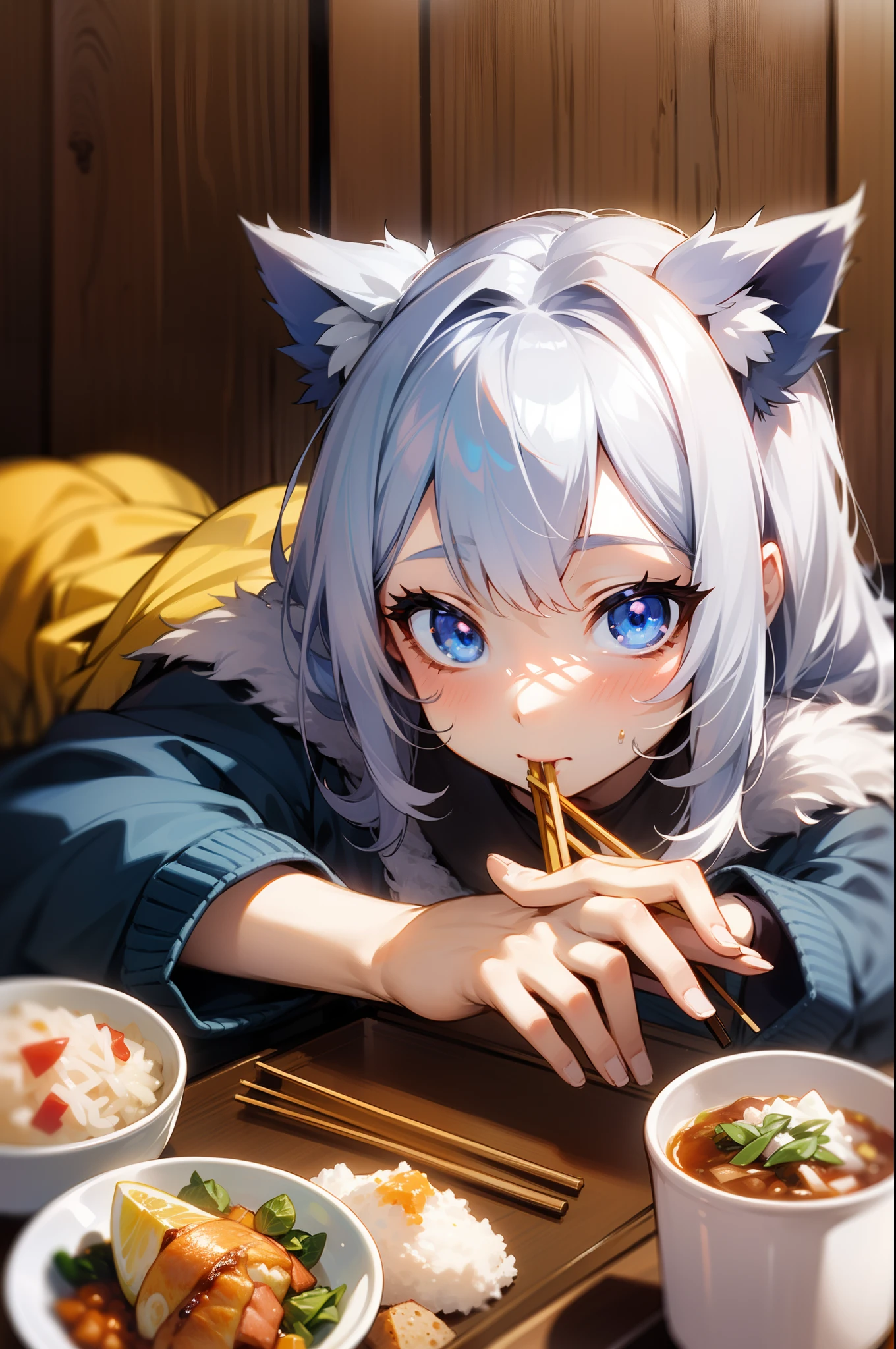 girl with、silber hair、Blue eyes、Lying on the futon、Eat katsudon、Holding chopsticks in your right hand